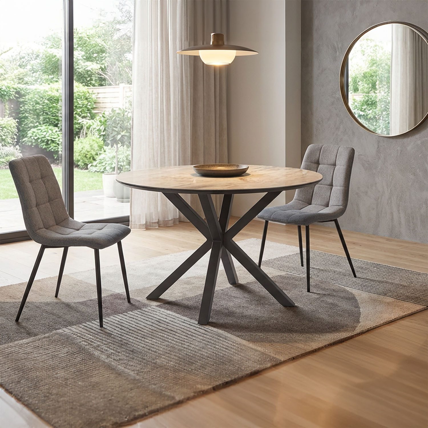Homestyle4u Essgruppe rund Esstisch mit 2 Stühle 4 Stühle Ø110 Samt Grau Metallgestell Stein, (3-tlg), 3-teilig, kratzfest, mspritzwasserfest, Tisch mit Essstuhl