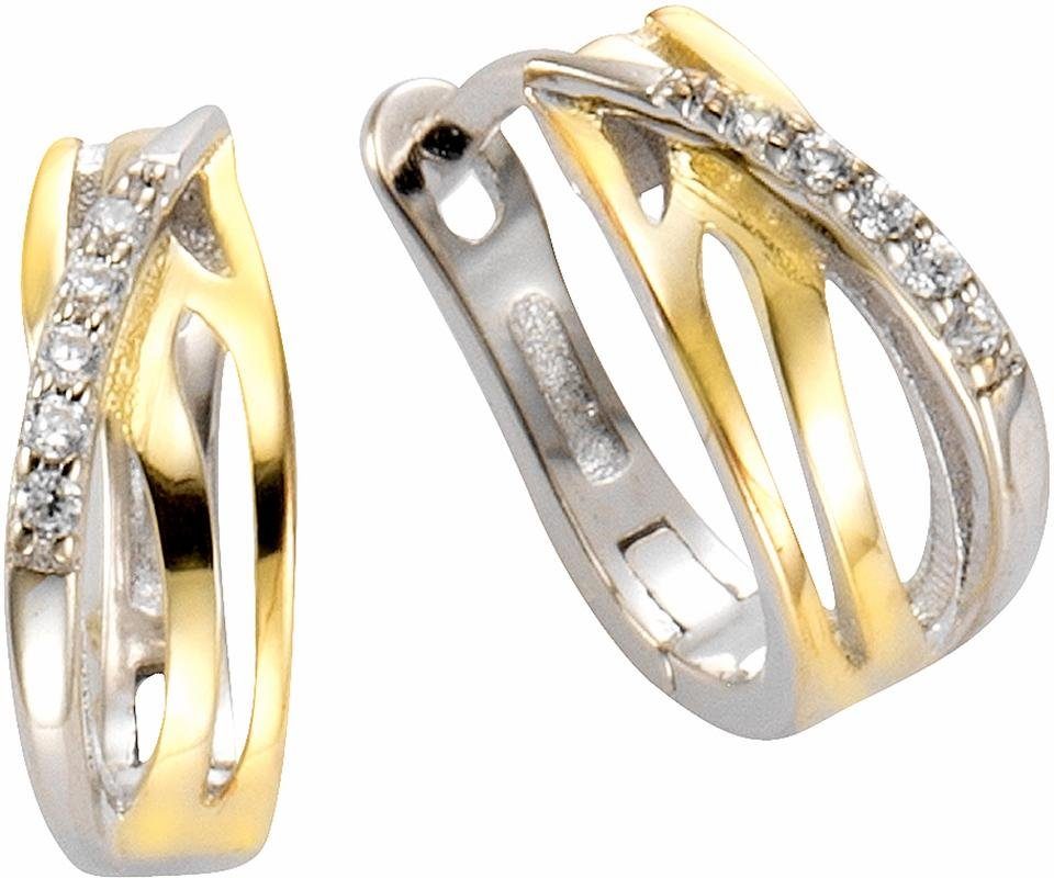 Firetti Paar Creolen Schmuck Geschenk Silber 925 Bicolor geschwungen Ø ca. 14 mm, mit Zirkonia (synth)