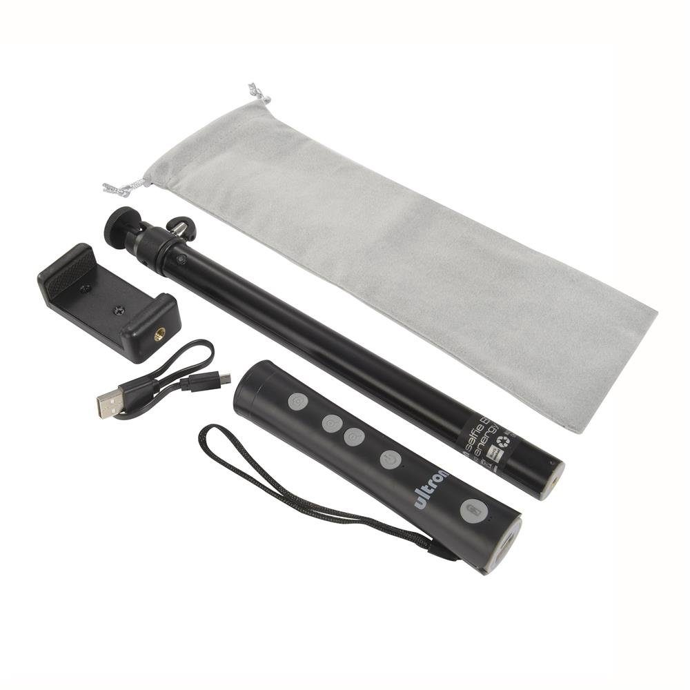 Ultron selfie BT energy Selfiestick (2in1, Selfie-Stick und 2600 mAh Powerbank in einem, Bluetooth Steuerung, 1/4 Zoll Gewinde, Universalhalterung für Smartphones, Fernbedienung, bis zu 1m ausziehbar, schwarz)