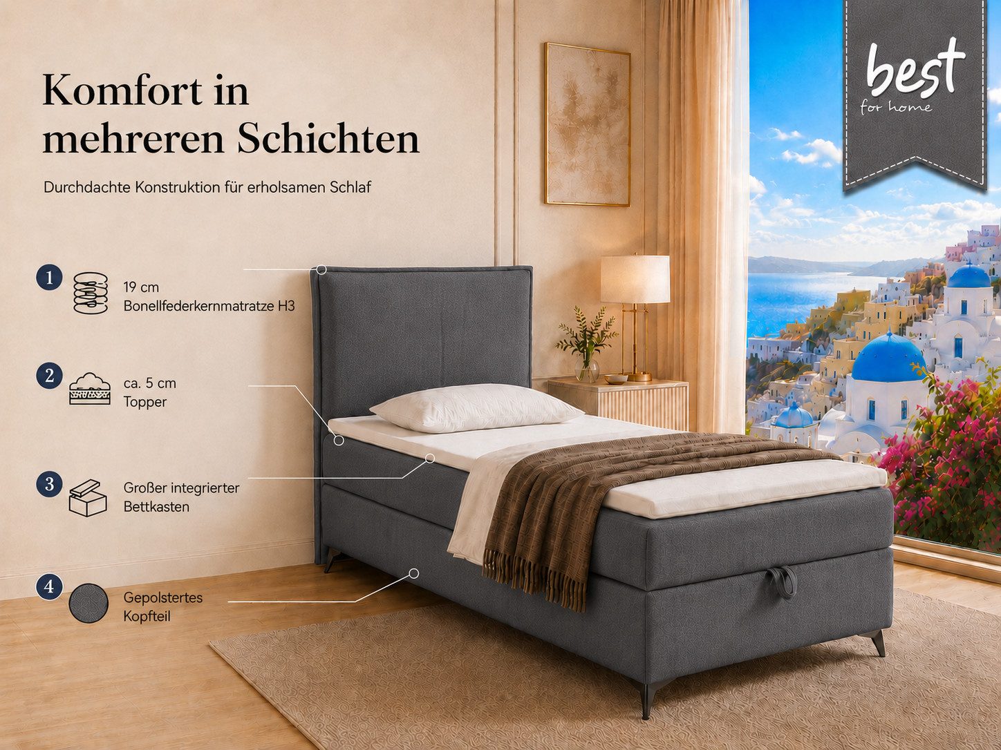 Best for Home Boxspringbett K16 Single SLIM mit Bettkasten & Bonellfederkernmatratze, Topper H3 (Einzelbett, Polsterbett, Juniorbett, Hotelbett, versch. Größen, – Bild 3 von 5