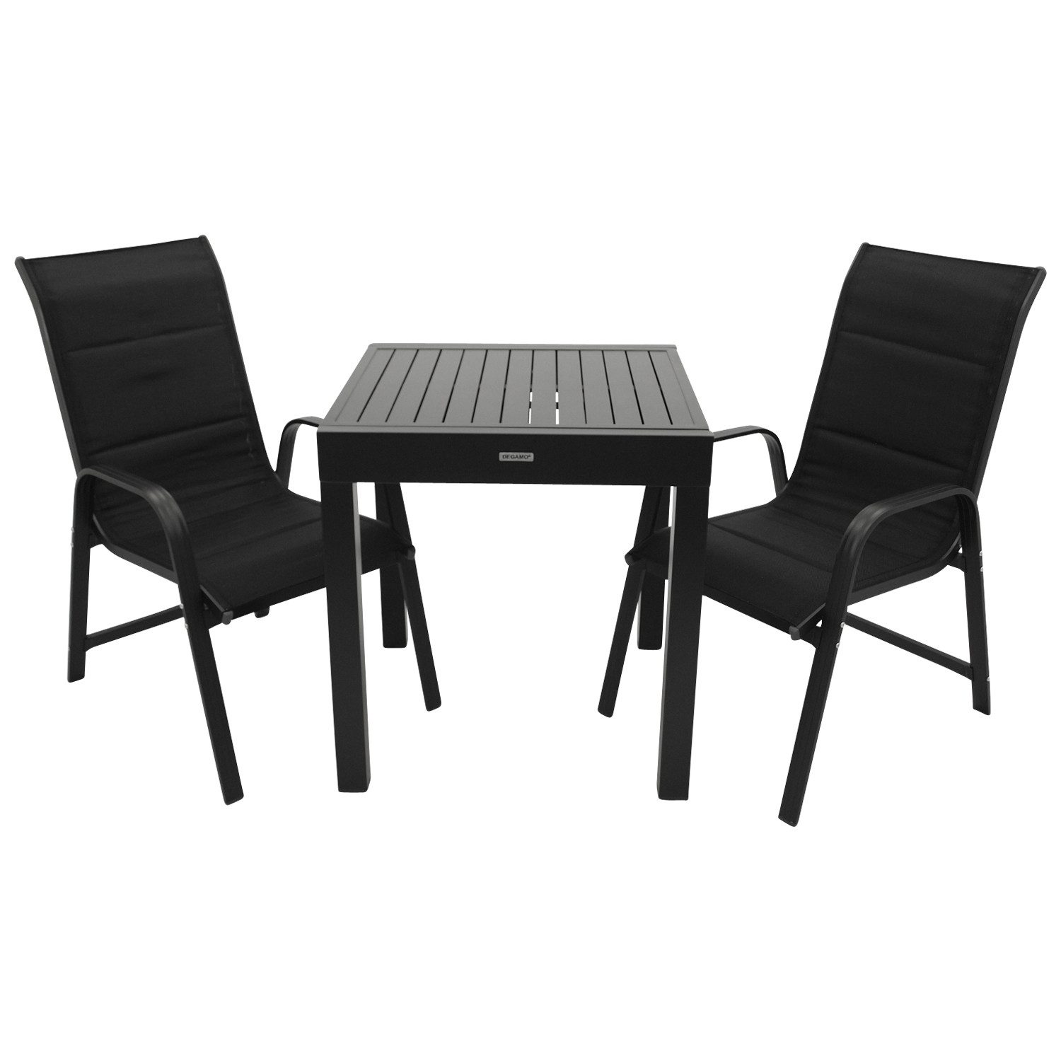 DEGAMO Garten-Essgruppe ALCUDIA 3-teilig, 2x Stapelsessel, 1x Ausziehtisch 70/140x70cm, Aluminium anthrazit