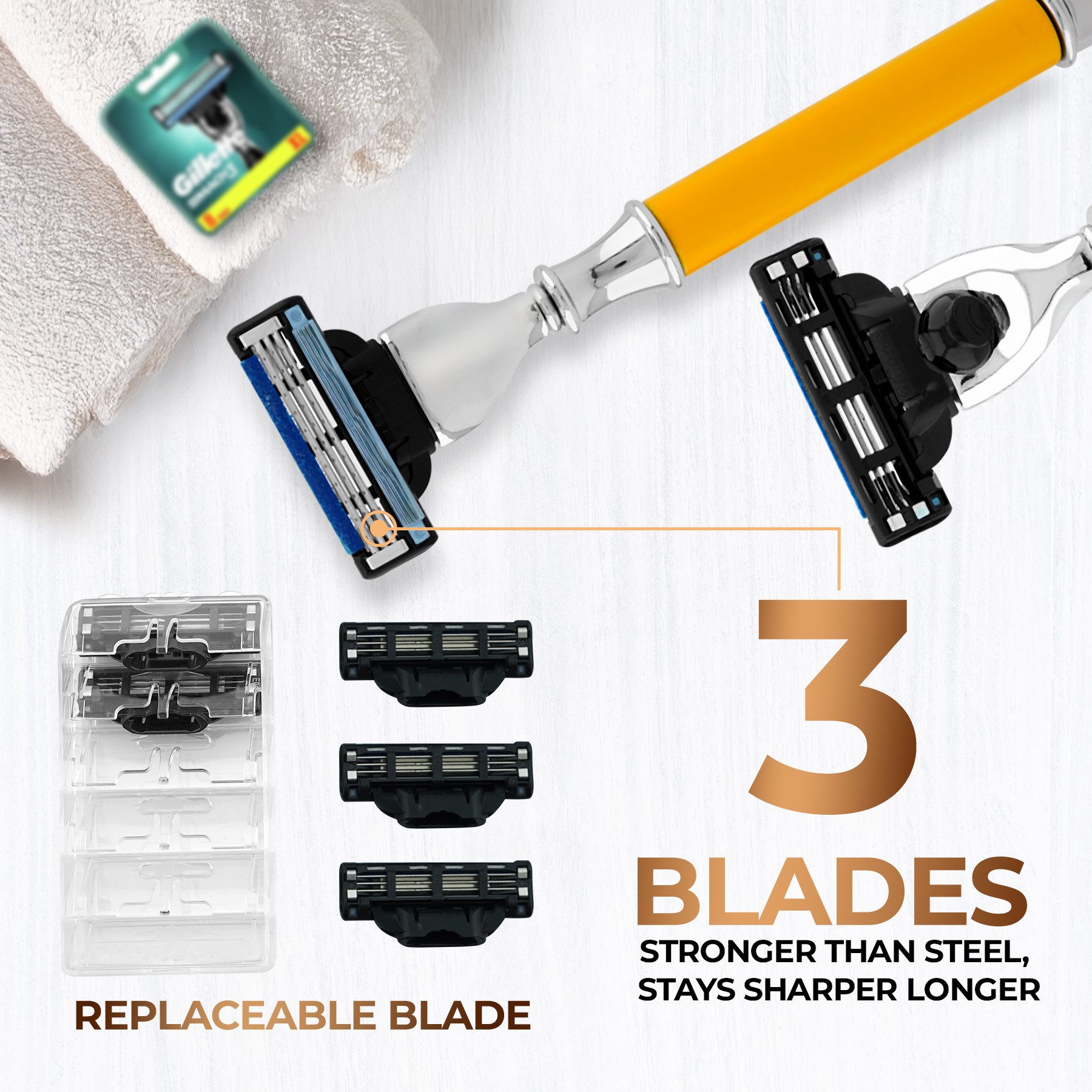 Haryali London Nassrasierer 3-Klingen-Rasierer für Unisex, Smart Grip, Gesichtsrasierer, gelb, Pack, Razor with removable blade and brass-silver handle, Abwaschbarer, rutschfester Griff. Passt auf alle Mach 3-Rasierer.