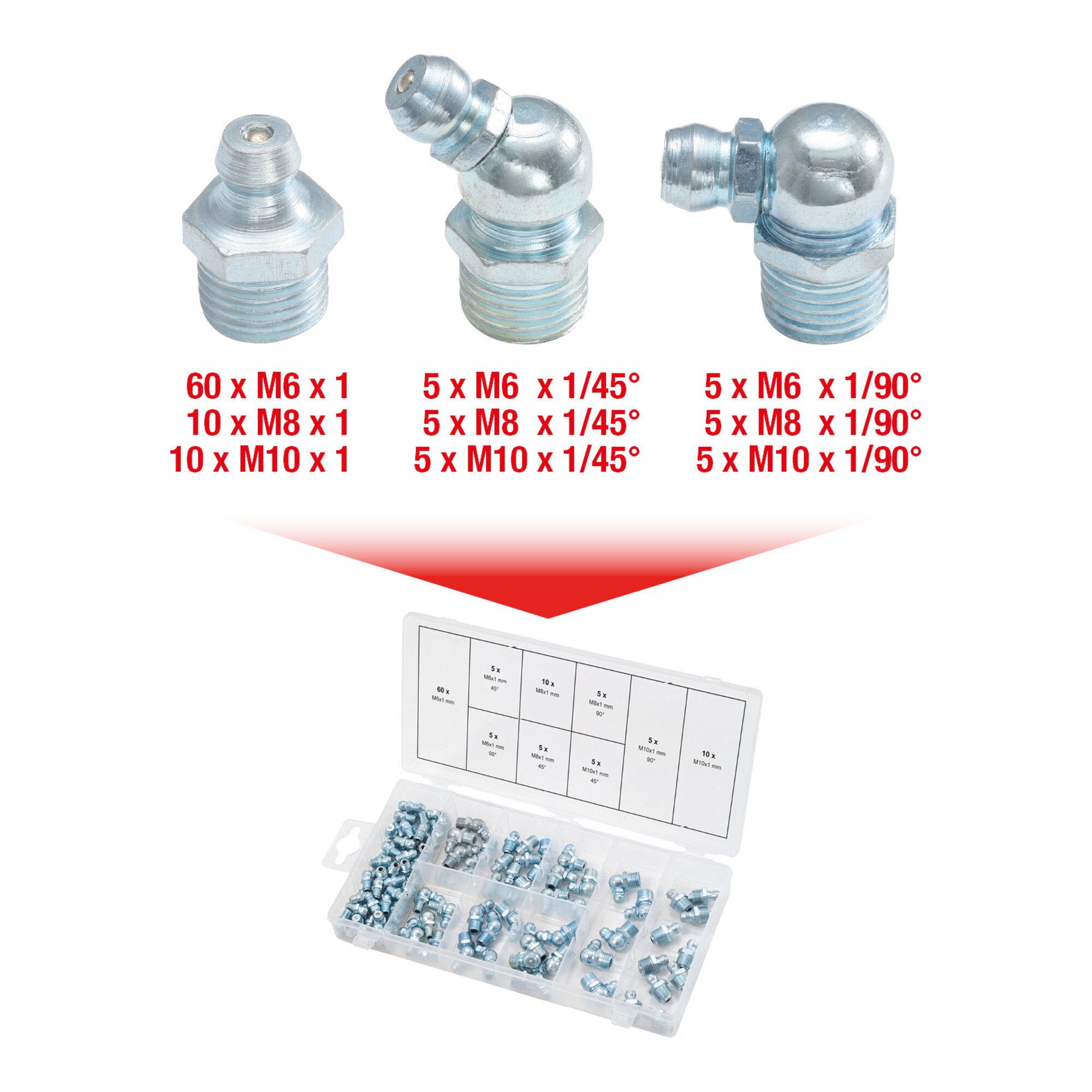 Gewindenippel KS Tools Sortiment Schmiernippel, M6-8-10x1,0, 110-teilig