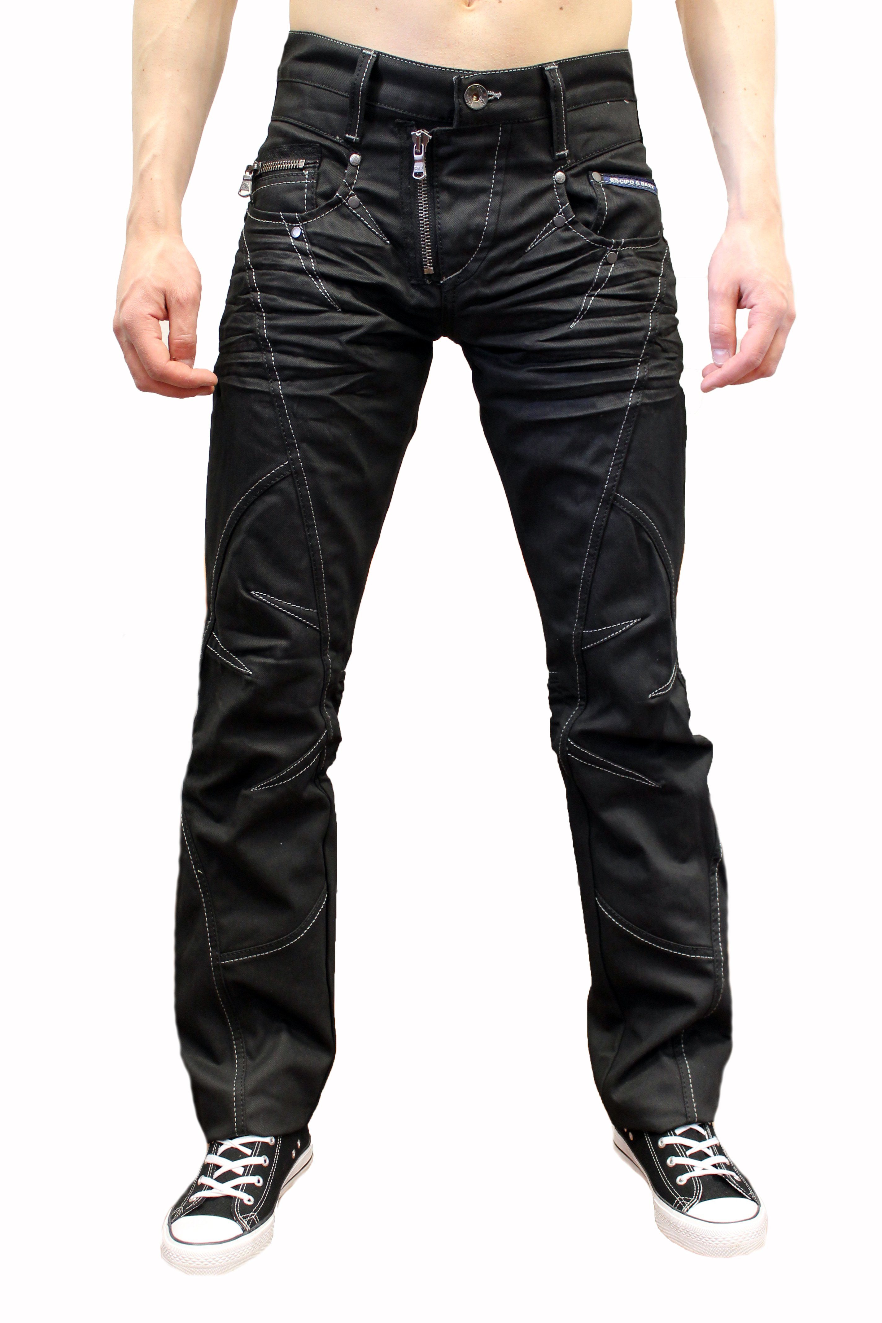 Cipo & Baxx Regular-fit-Jeans Herren Jeans Hose mit ausgefallenem Design  und gewachster Waschung Weiße Kontrastnähte und stylische Zipper