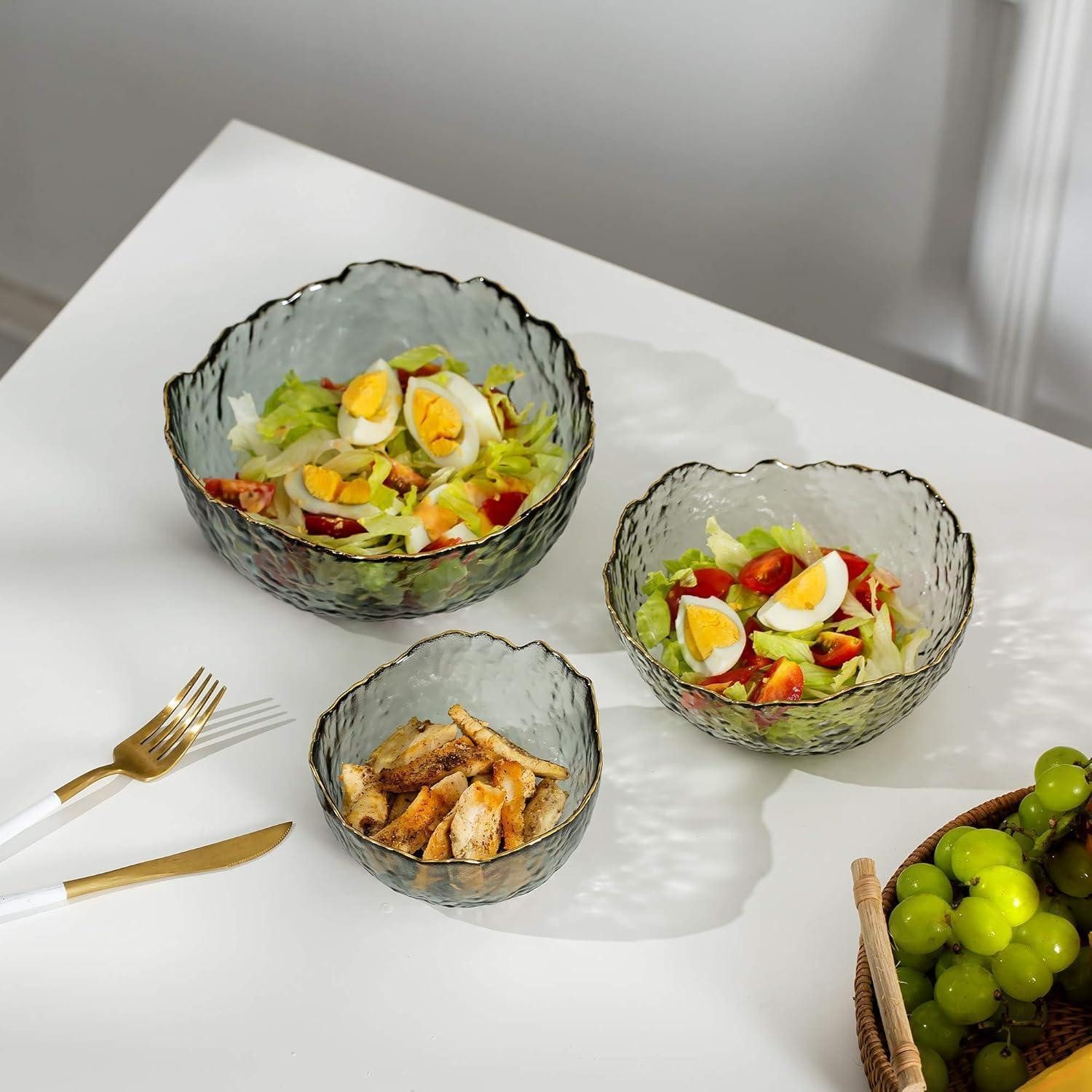 LuxusKollektion Dessertschale Salatschüssel 3er Set Glas Dessert Suppe Obst Deko Schüssel Grau