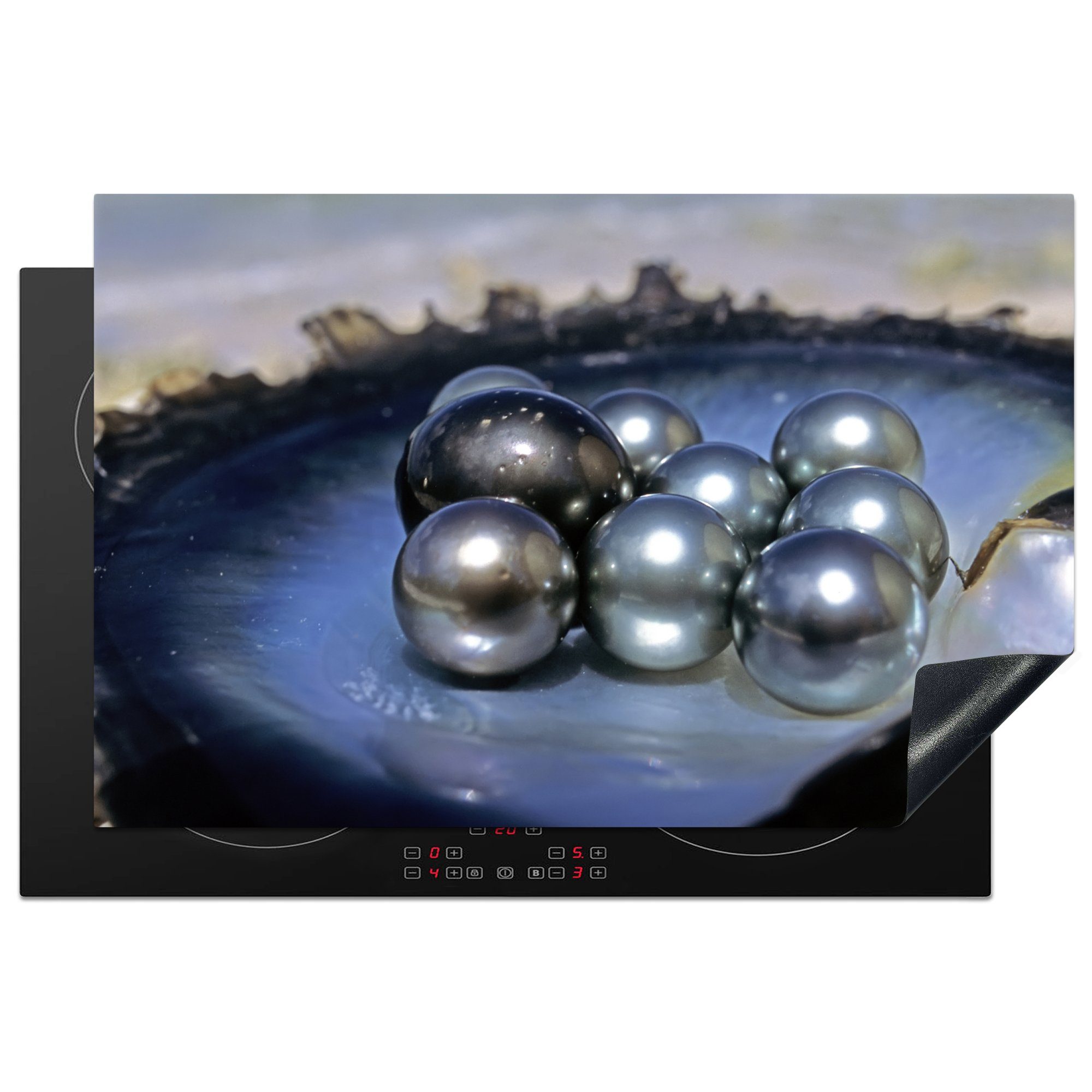 MuchoWow Herdblende-/Abdeckplatte Perlen in schwarzer Muschel Großaufnahme, Vinyl, (1 tlg), 81x52 cm, Induktionskochfeld Schutz für die küche, Ceranfeldabdeckung