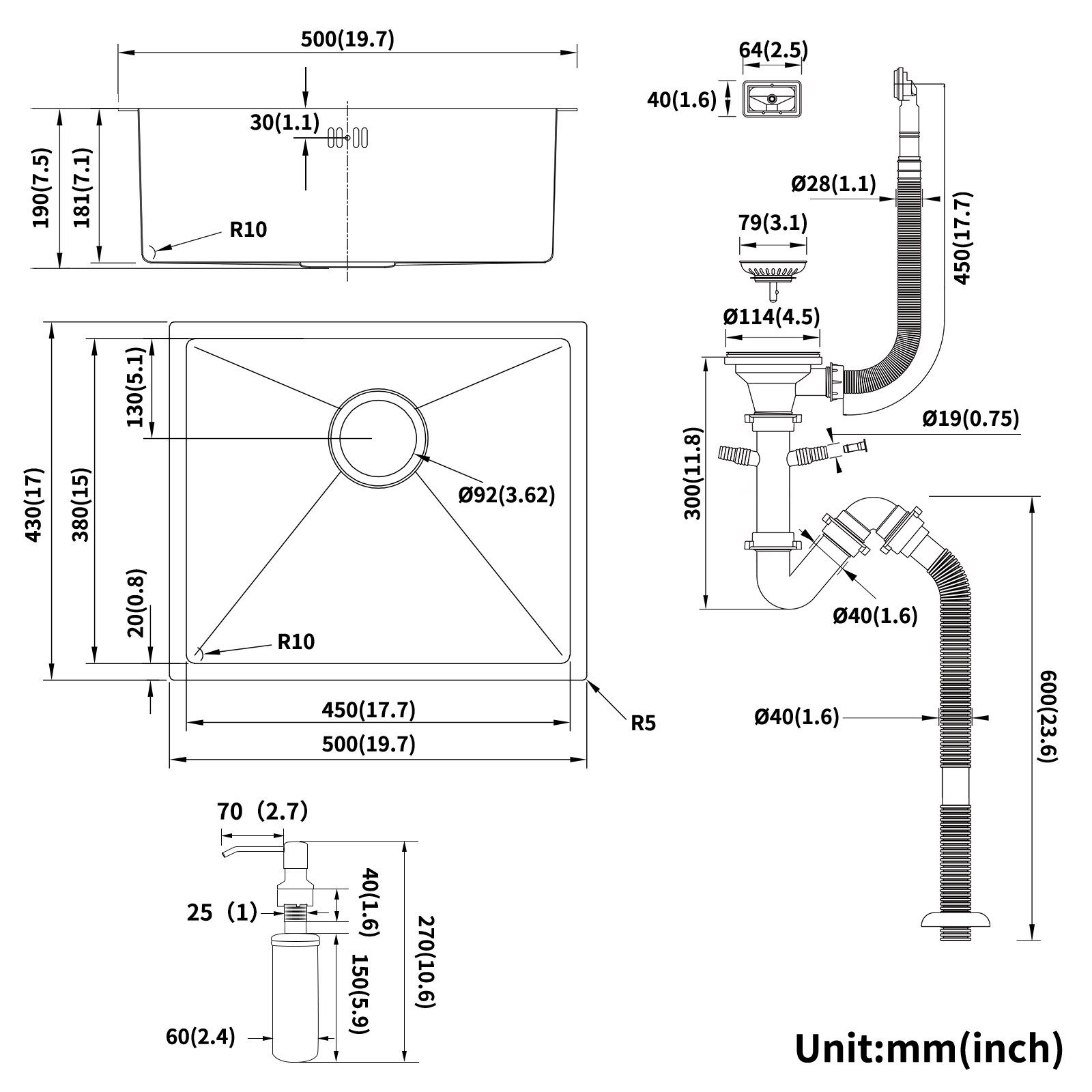 Siphon Armatur Auralum langlebige Spülbecken Küchenspüle und Edelstahloberfläche Einbauspüle 50x43cm, + Edelstahlspüle
