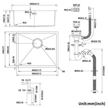 Auralum Einbauspüle Küchenspüle Edelstahl Spüle Spülbecken mit Seifenspender 50x43 cm, Leicht zu reinigender Siphon