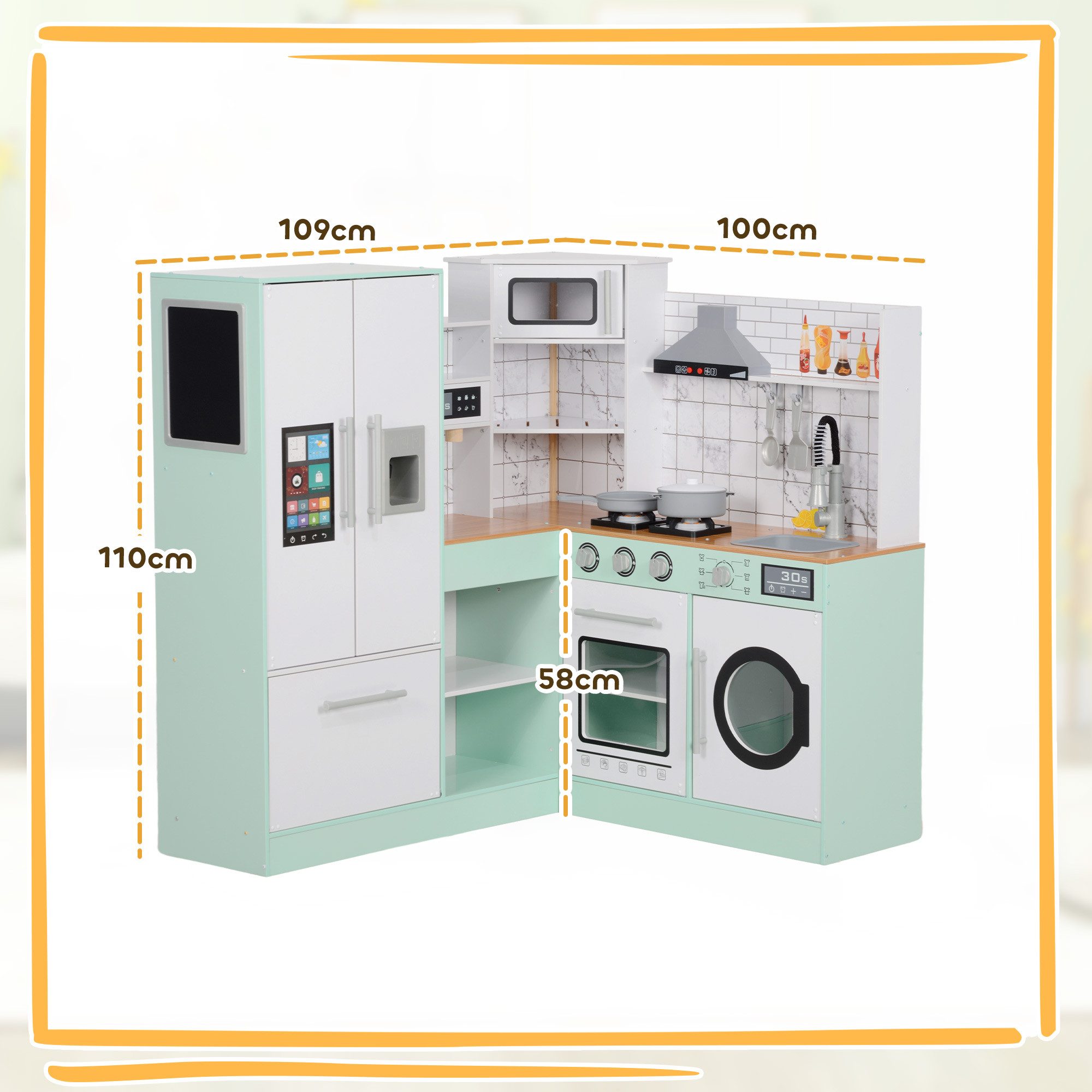AIYAPLAY Spielküche Küche, Ecke Kinder Küche Spielplatz MDF, Edelstahl, mit Dunstabzugshaube, Eismaschine, Mikrowelle, Herd, Kühlschrank