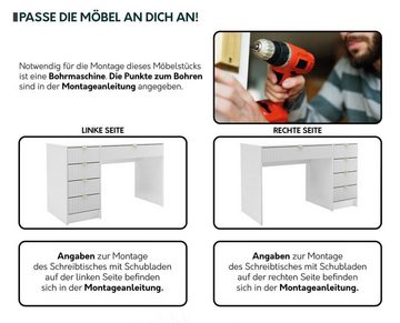 MIRJAN24 Schminktisch Tireno (5-Schubladen), Aluminiumgriffe in der Farbe Gold, Schreibtisch universell