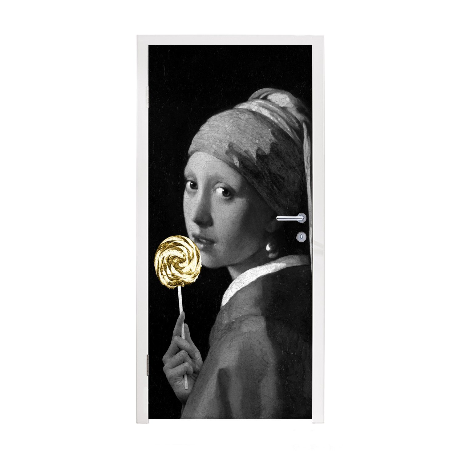 MuchoWow Türtapete Mädchen mit Perlenohrring - Lollipop - Schwarz und Gold, Matt, bedruckt, (1 St), Fototapete für Tür, Türaufkleber, 75x205 cm
