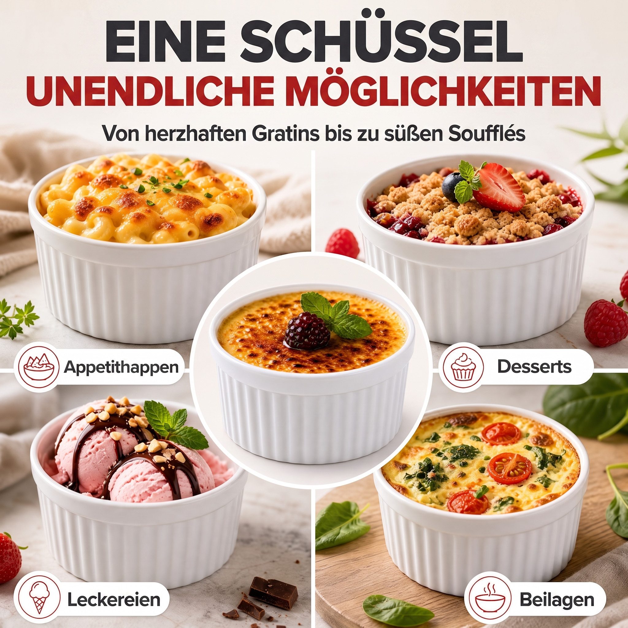 Dimono Dessertschale DIMONO Crème-Brûlée & Soufflé Förmchen – 8er Keramik Dessert Set, Keramik, (Schälchen mit 170 ml, 8-tlg), Schalen