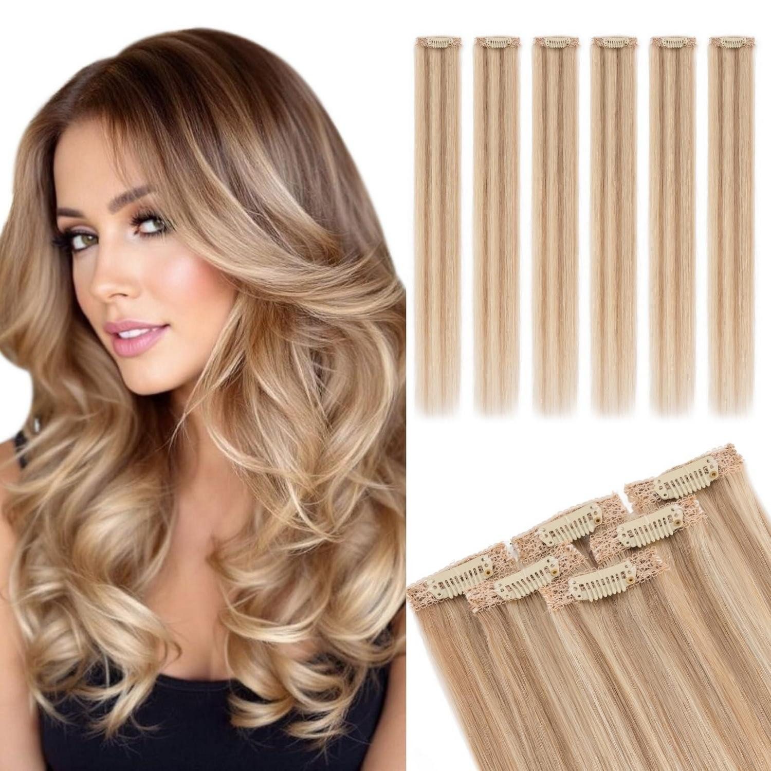 LuxusKollektion Echthaar-Extension Clip In Extensions Echthaar 6 Stück 12P613 Goldbraun&blond 25cm-31g