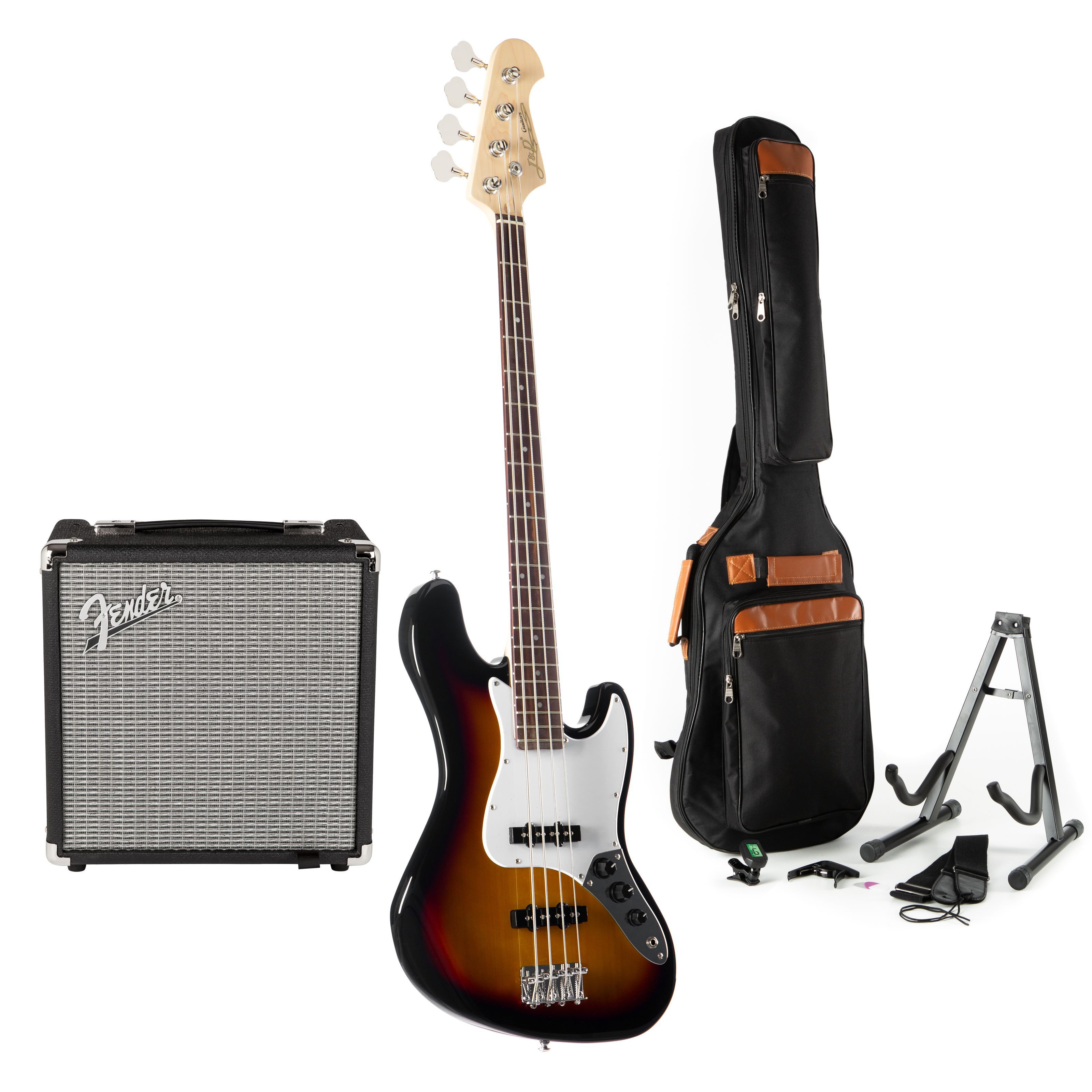 J & D E-Bass, E-Bass Set 3-Tone Sunburst Hochglanz Finish Vintage-Style Mechaniken Single Coil Tonabnehmer inklusive Zubehör Pack, E-Bässe, Bass-Sets, E-Bass Set, Vintage-Style Bass, Single Coil Tonabnehmer