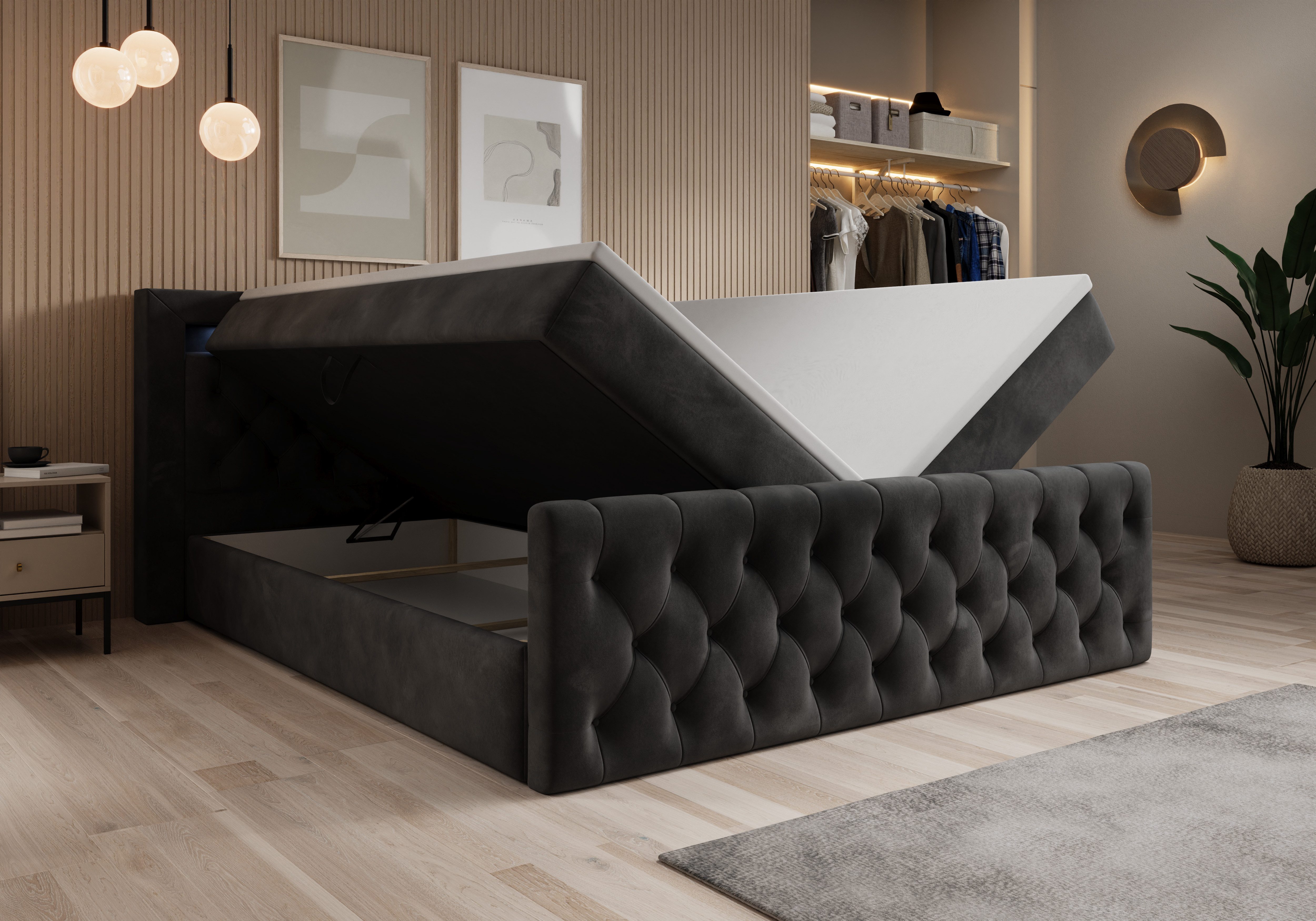 thematys Boxbett LED mit Bettkasten 140x200–200x200 cm – Velours oder Bouclé Bezug – (Polsterbett Bonnellfederkern Matratze H3 + Gratis 3cm Topper, Boxbett - Lu – Bild 2 von 5