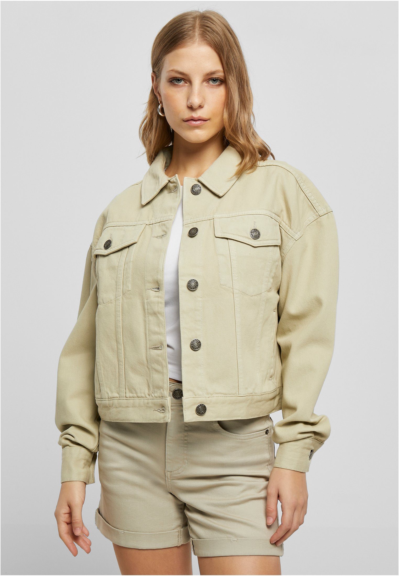 URBAN CLASSICS Outdoorjacke Damen Ladies Oversized Colored Denim Jacket (1-St) softseagrass