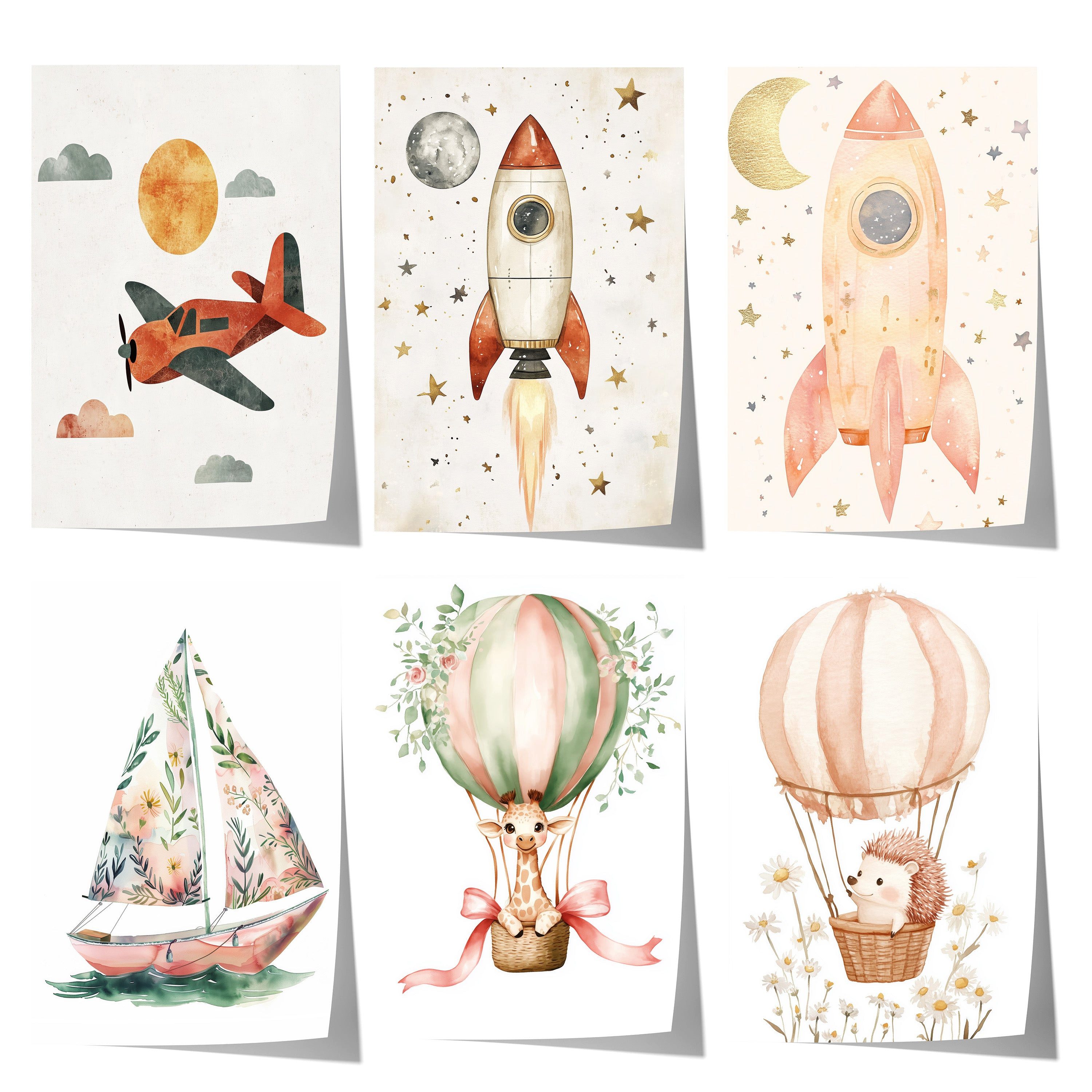 JUSTGOODMOOD Poster Abenteuer Kinder Geschenkidee Aquarell mit Rakete Heißluftballon und S, B (1 St)