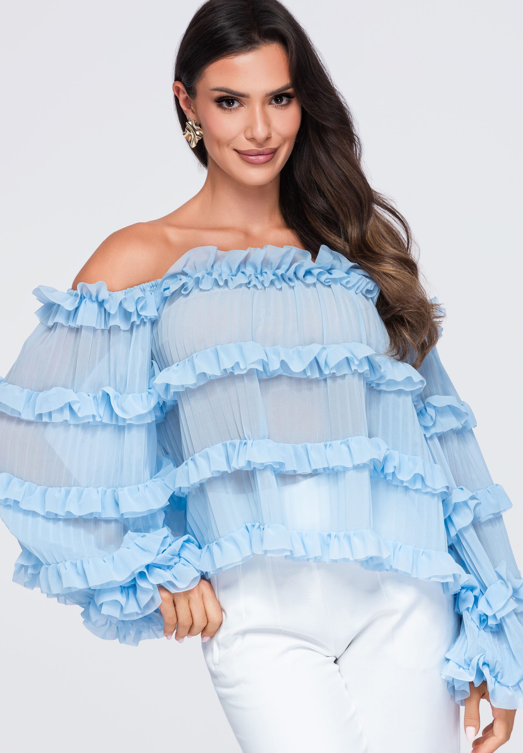 OMBRE Hemdbluse Damen Bluse mit Rüschen und weitem Schnitt Blau M (kein Set, 1-tlg) plisierte Struktur