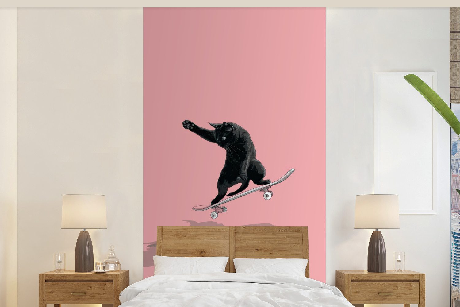 MuchoWow Fototapete Katze - Skateboard - Rosa, Matt, bedruckt, Vliestapete für Wohnzimmer Schlafzimmer Küche, Fototapete, 120x240 cm