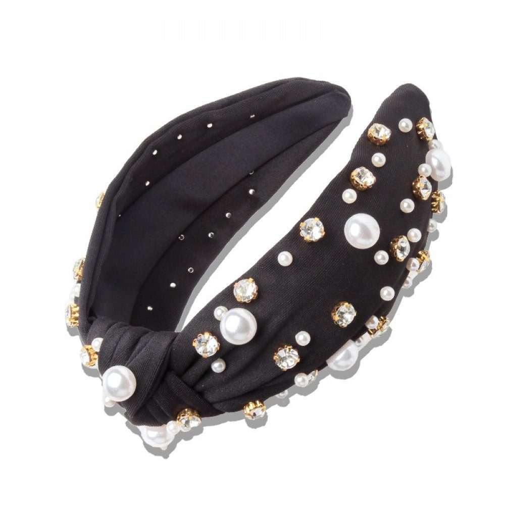 Invanter Haarband Perle besetzt Diamant Haarband mit mehrfarbigem geknotetem Haarband, 2.5*13.5cm schwarz