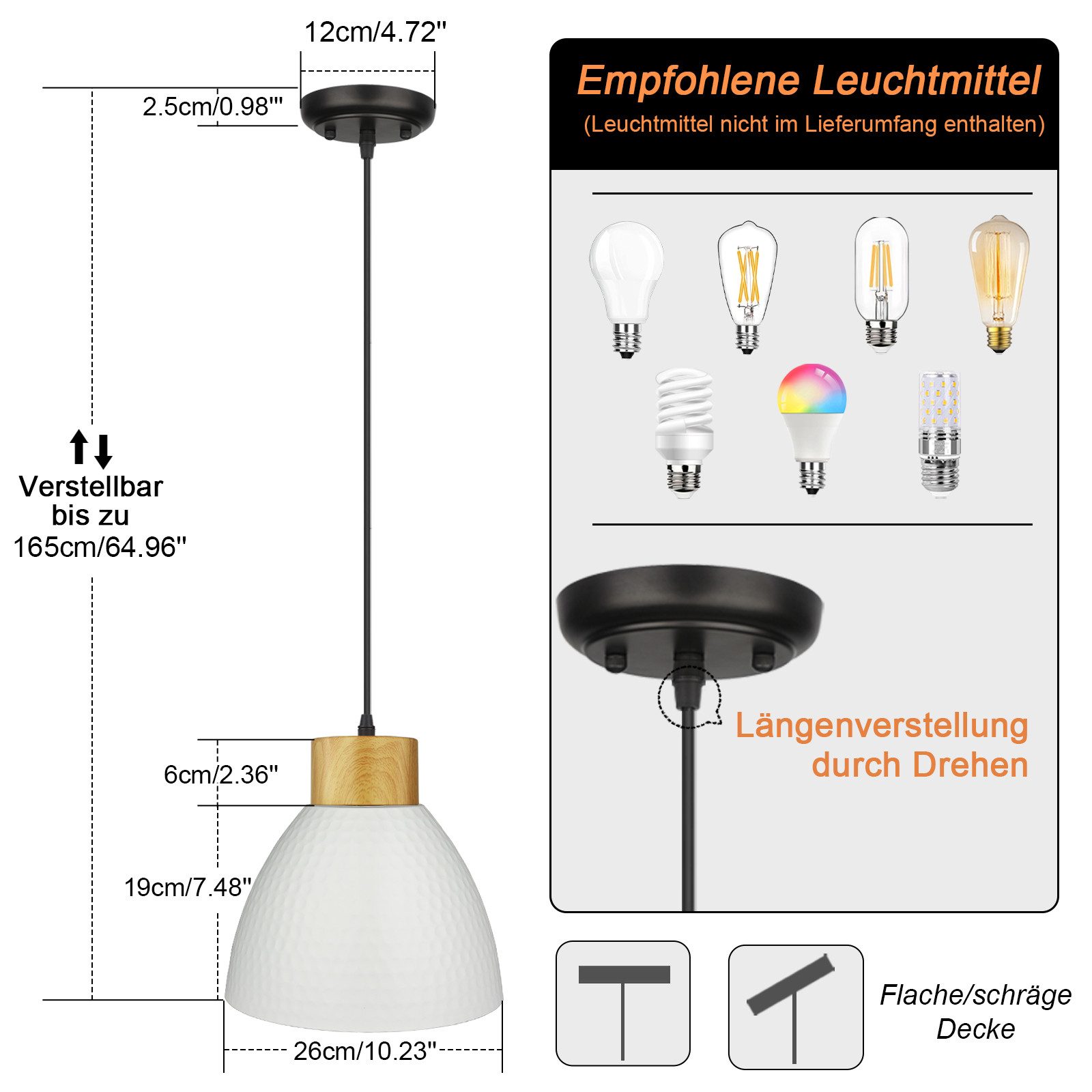 POPOLIC Pendelleuchte Deckenlampe Deckenleuchte höhenverstellbar bis 165cm, dimmbar, Holzoptik, inkl. Montagezubehör, für Wohnzimmer, Schlafzimmer, Flur