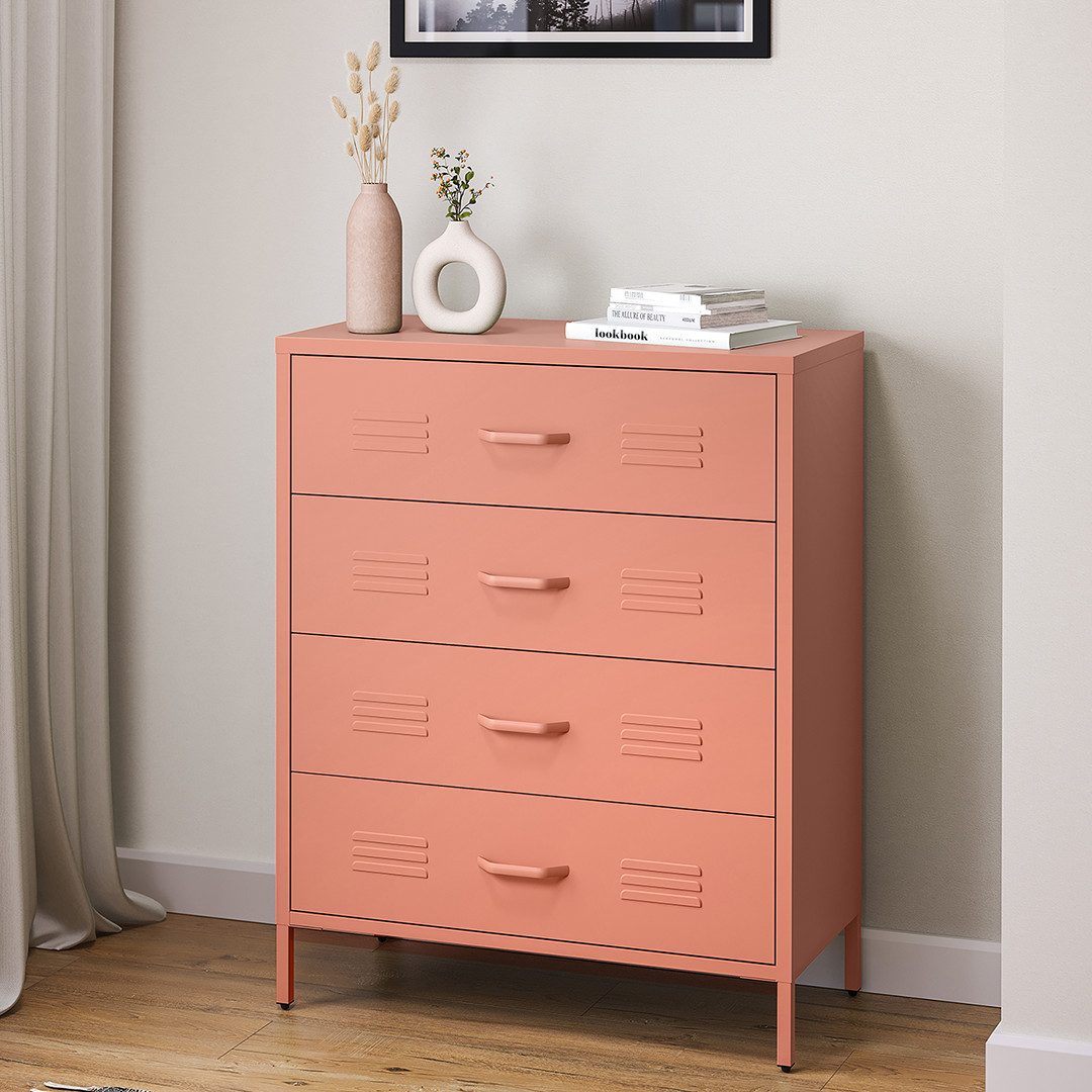 skølm Kommode Atria aus Metall (Terrakotta), Sideboard mit 4 Schubladen, Metallschrank mit höhenverstellbaren Füßen