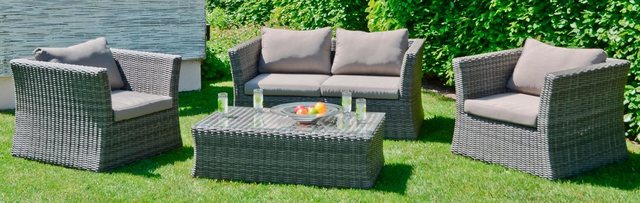 GARDEN PLEASURE Loungeset AVILA, 13-tlg., 2er-Sofa, 2 Sessel, Tisch 62x111 cm, Polyrattan