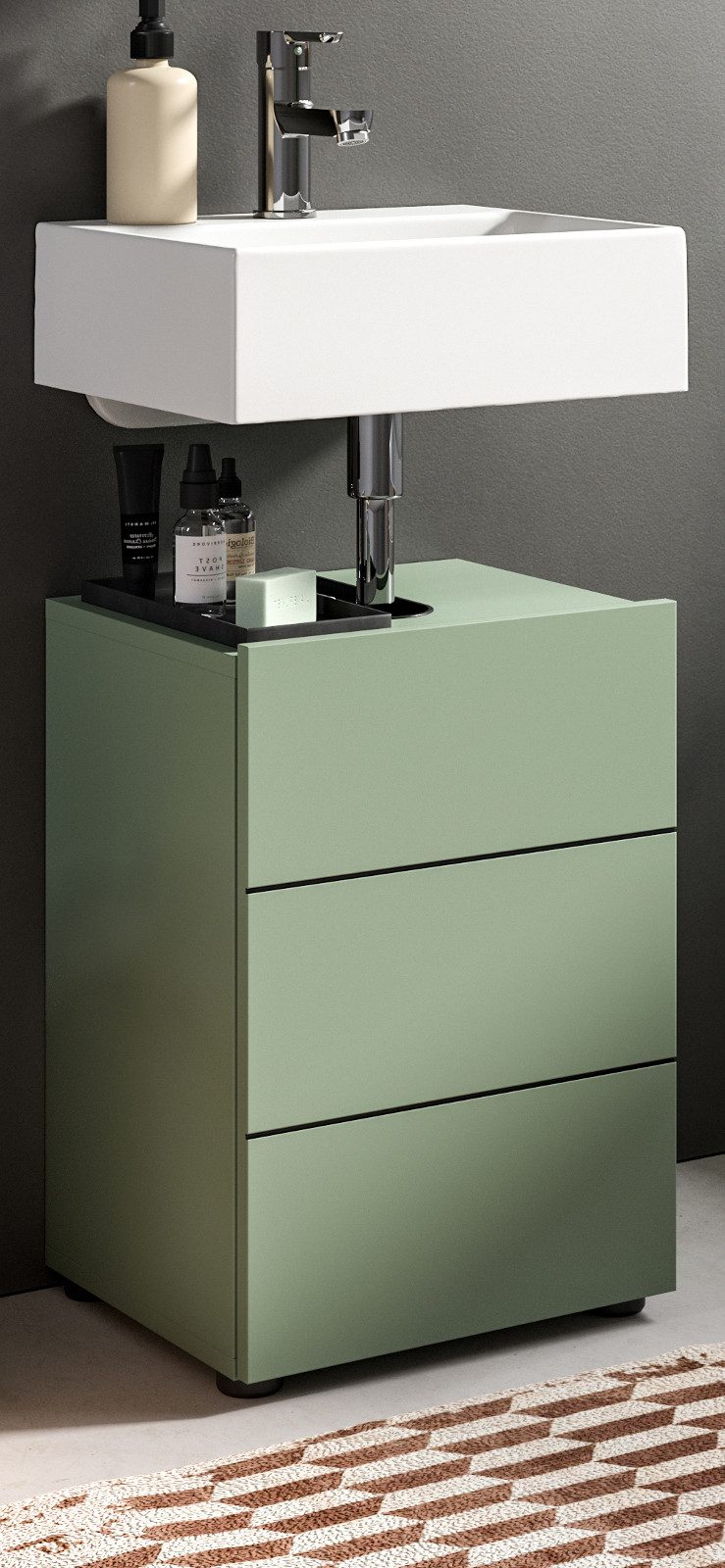 Inn.Furn Waschbeckenunterschrank Larik (Badschrank in Grün mit schwarzen Rillen, Breite 40 cm) mit MDF-Front, Türanschlag wechselbar