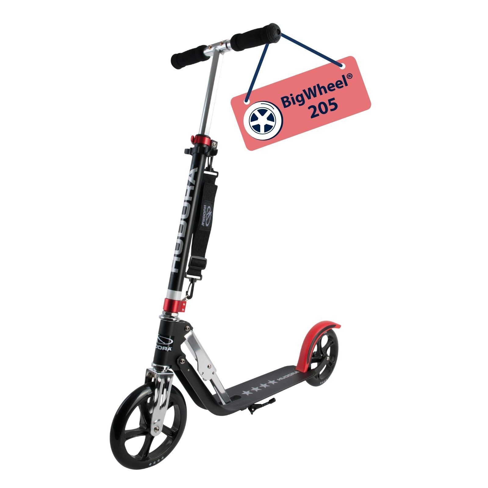 Hudora Cityroller BigWheel® 205 Tretroller - Höhenverstellbar & zusammenklappbar, (Kinder- & Erwachsenenroller für bis zu 100kg - Tretroller mit Ständer, Stabiler Aluminium-Roller), einklappbarer, höhenverstellbarer Kick-Scooter