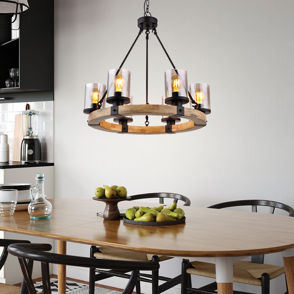 GLOBO LIGHTING Kronleuchter, Leuchtmittel inklusive, Warmweiß, Kronleuchter Pendellampe Esszimmerleuchte 6-flammig Metall Holz