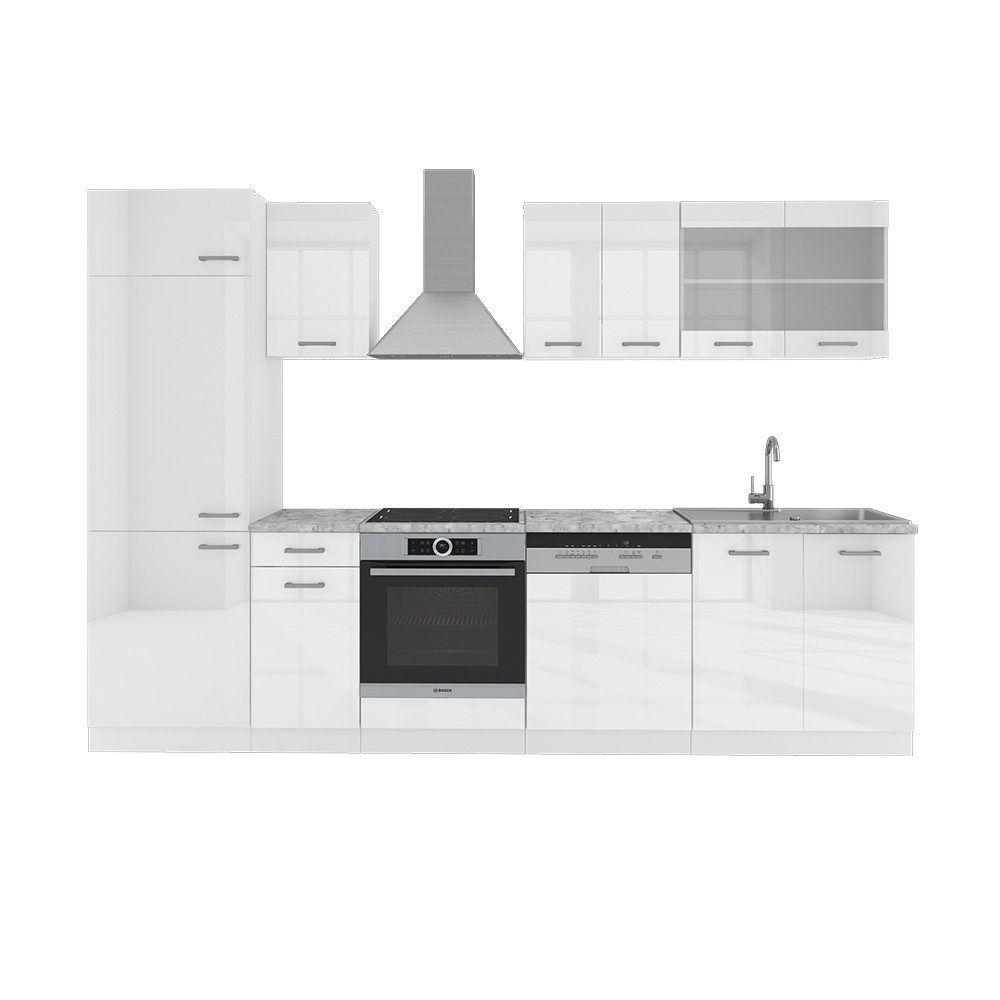 Vicco Küchenzeile R-Line, Weiß Hochglanz/Weiß, 300 cm, AP Marmor