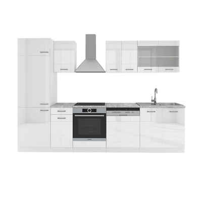Livinity® Küchenzeile R-Line, Weiß Hochglanz/Weiß, 300 cm, AP Eiche