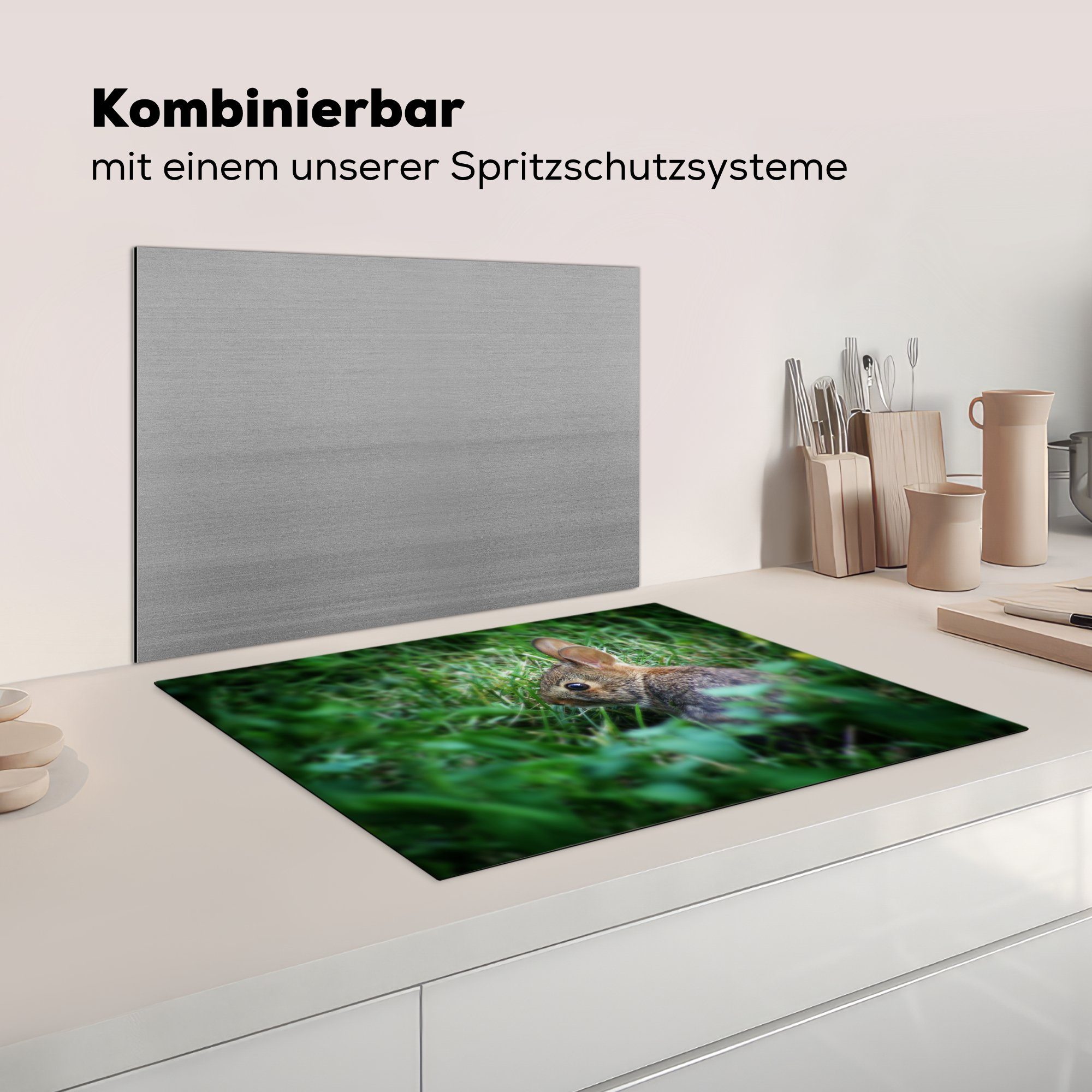 Kaninchen Herdblende-/Abdeckplatte - Baby MuchoWow - cm, 70x52 Mobile Gras, Arbeitsfläche nutzbar, Vinyl, Ceranfeldabdeckung (1 tlg),