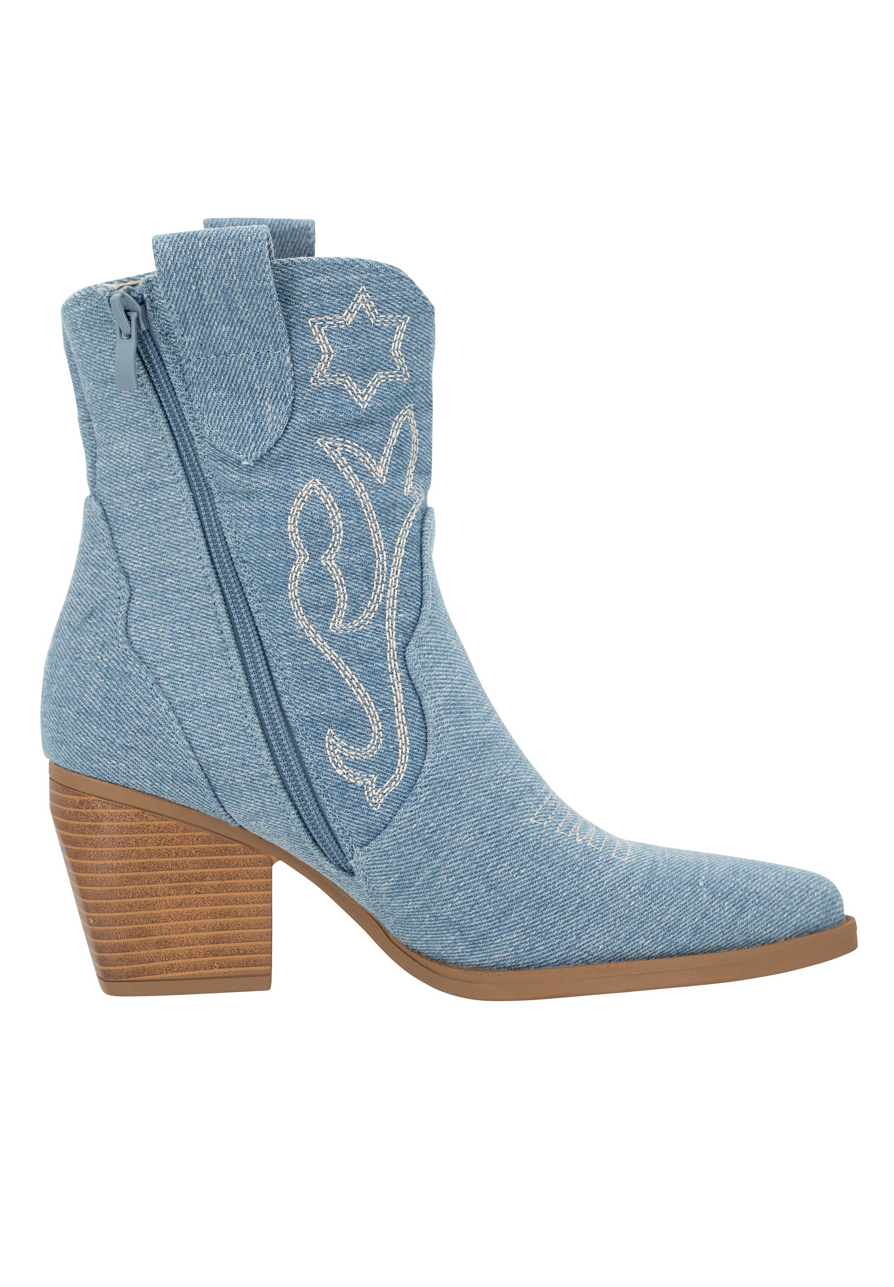 Salinyang Damen Western Stiefeletten in Denim-Optik mit Stickerei und Absatz Cowboystiefel
