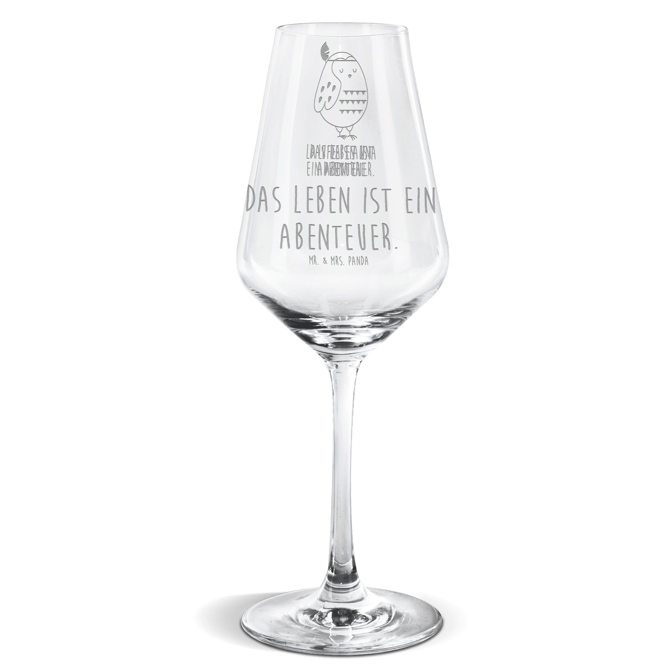 Mr. & Mrs. Panda Weißweinglas Eule Federschmuck - Transparent - Geschenk, Dekoration, Weißwein Glas, Premium Glas, Einzigartig graviert