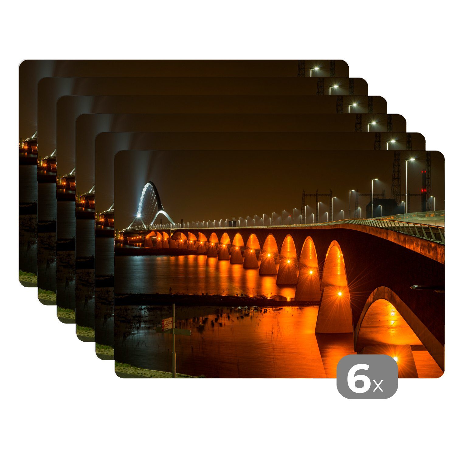 Platzset, Licht - Brücke - Nijmegen, MuchoWow, (6-St), Platzset, Platzdecken, Platzmatte, Tischmatten, Schmutzabweisend