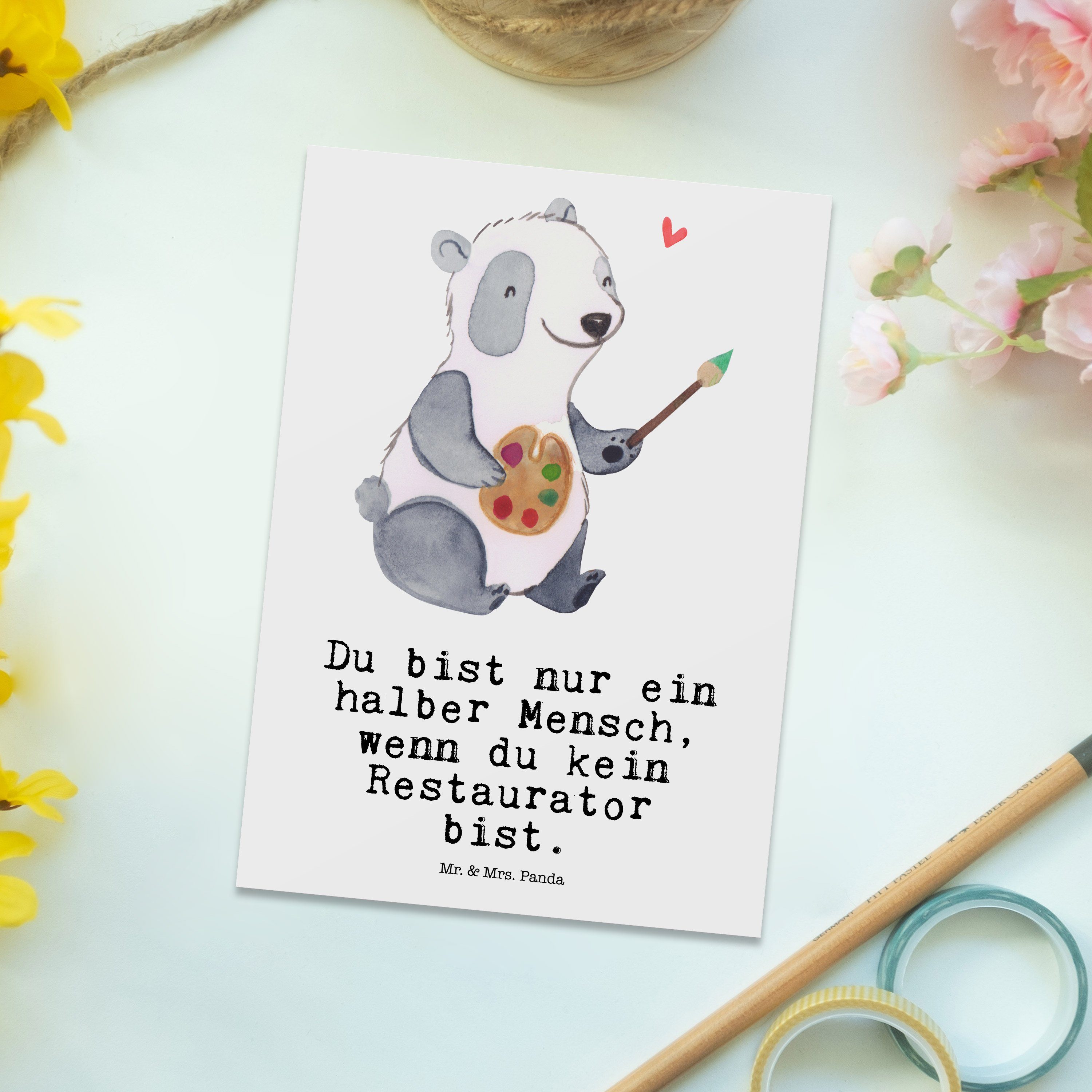 Mr. & Mrs. Panda Firma, Geschenk, Herz Restaurator Weiß Dank - Karte, Einladung, mit - Postkarte