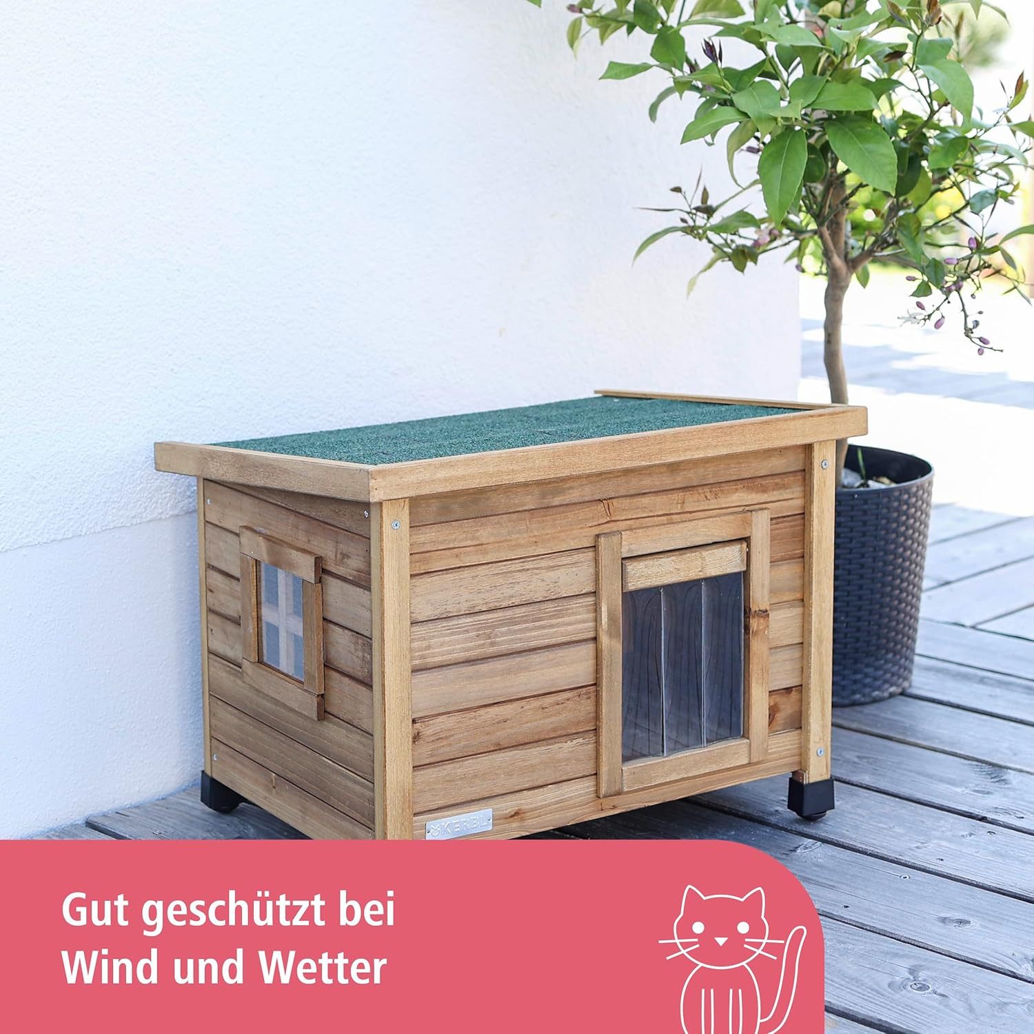 Kerbl Tierhaus Kerbl Katzenhaus Rustica aus Holz, Schwingtüre mit Lamellen