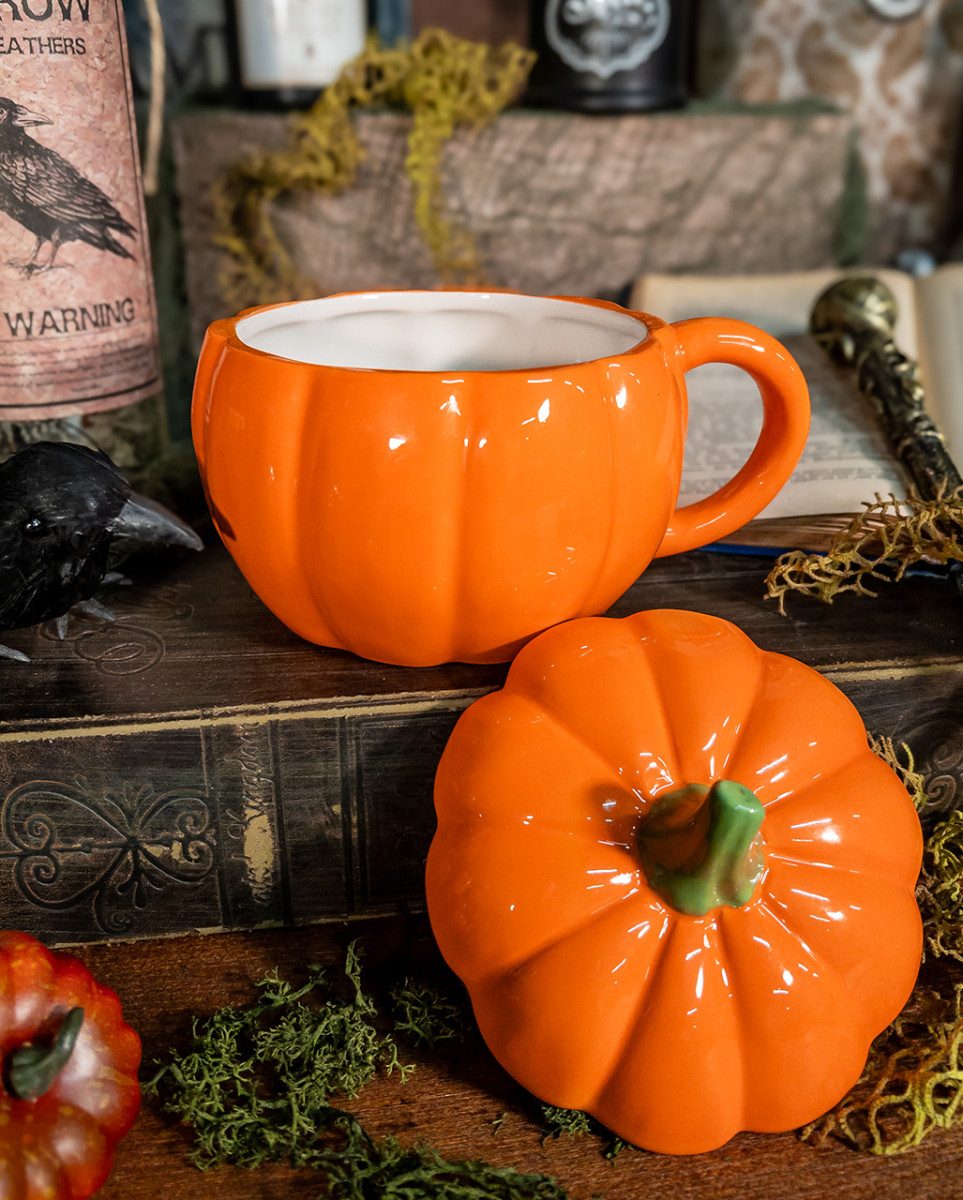 Horror-Shop Tasse Halloween Kürbis Tasse mit Deckel als Geschenkarti, 100 % Keramik
