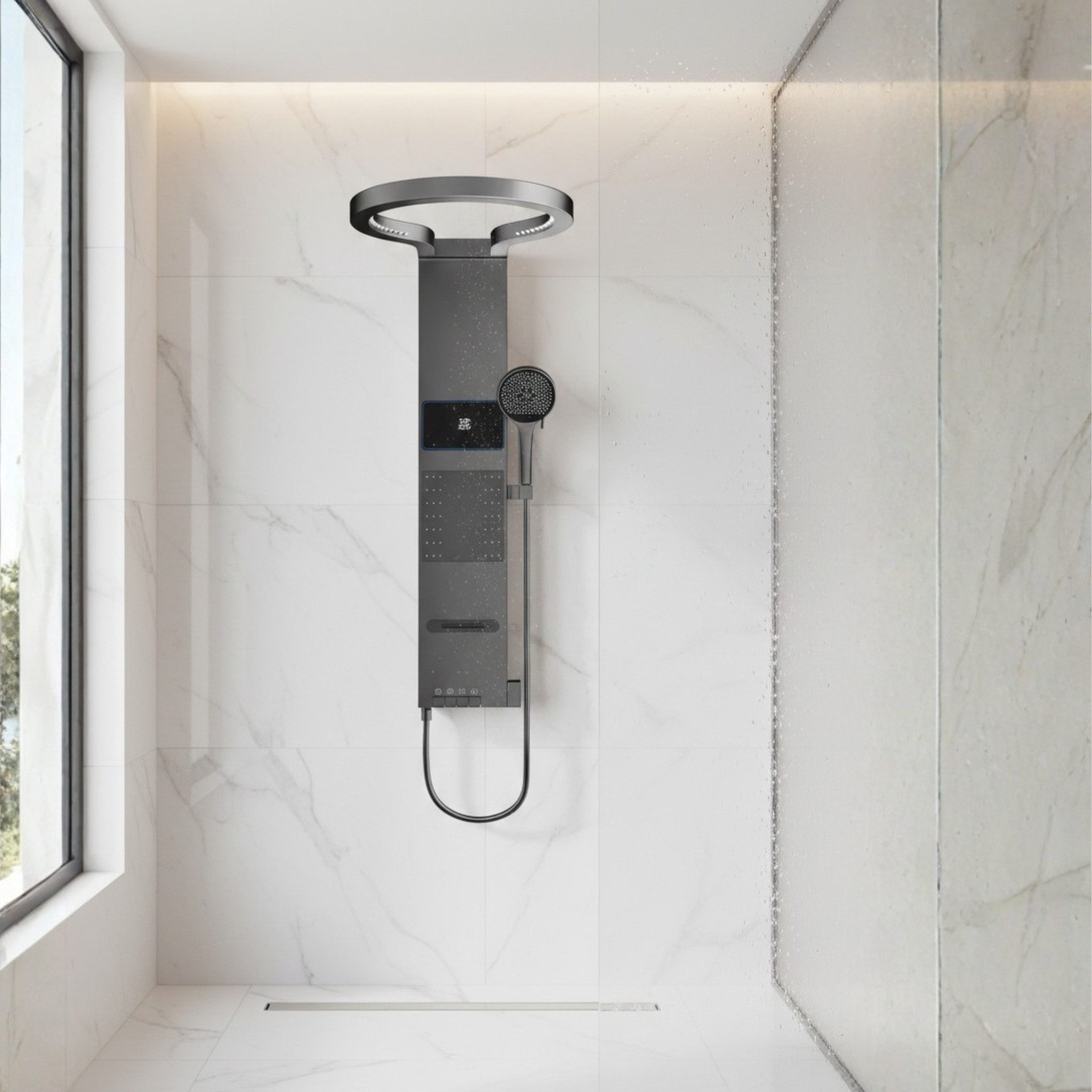 LuxaSteel Duschsystem Duschpaneel mit Regendusche, LED-Display & Taillenduschfunktion, 5 Strahlart(en), Komplett-Set, Regendusche mit Wasserfallauslass, internem Wasserkraftwerk & LED