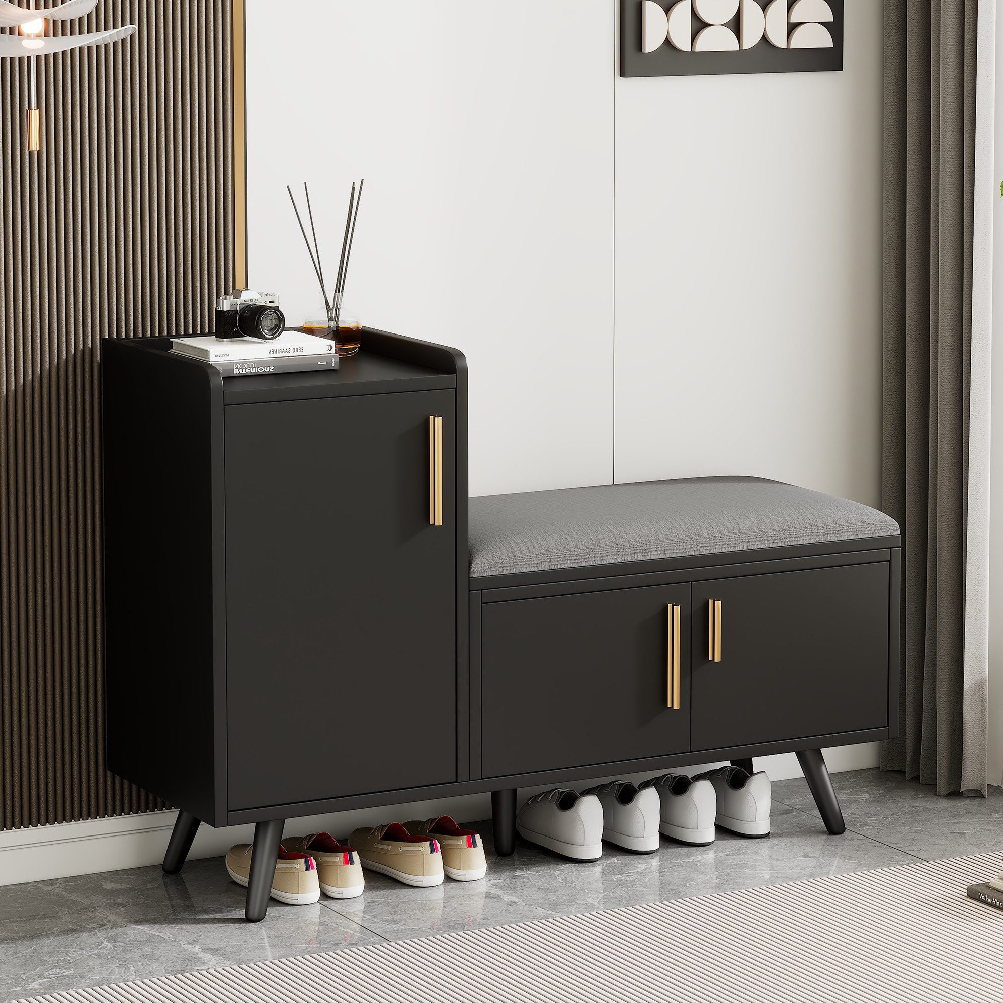 MODFU Schuhbank mit mehreren Ebenen zur Aufbewahrung (mit Stauraum & gepolsterter Sitzfläche – Holz & Metall, praktisch für Flur, Schlafzimmer, 1-St), verstellbare Böden