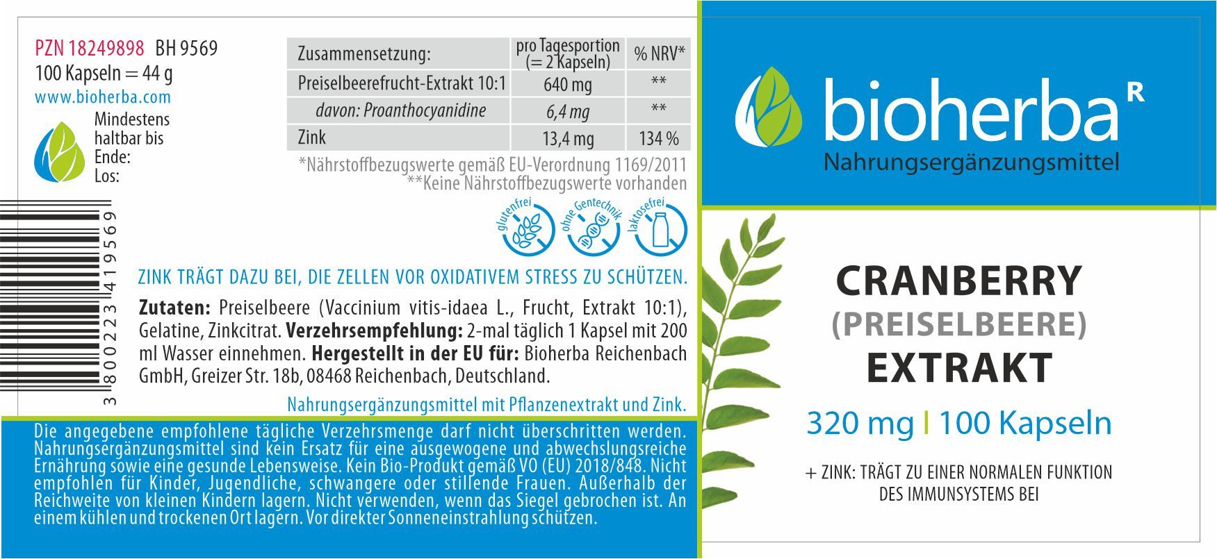 BIOHERBA R Cranberry (Preiselbeere) Extrakt 320 mg 100 Kapseln Nahrungsergänzungsmittel