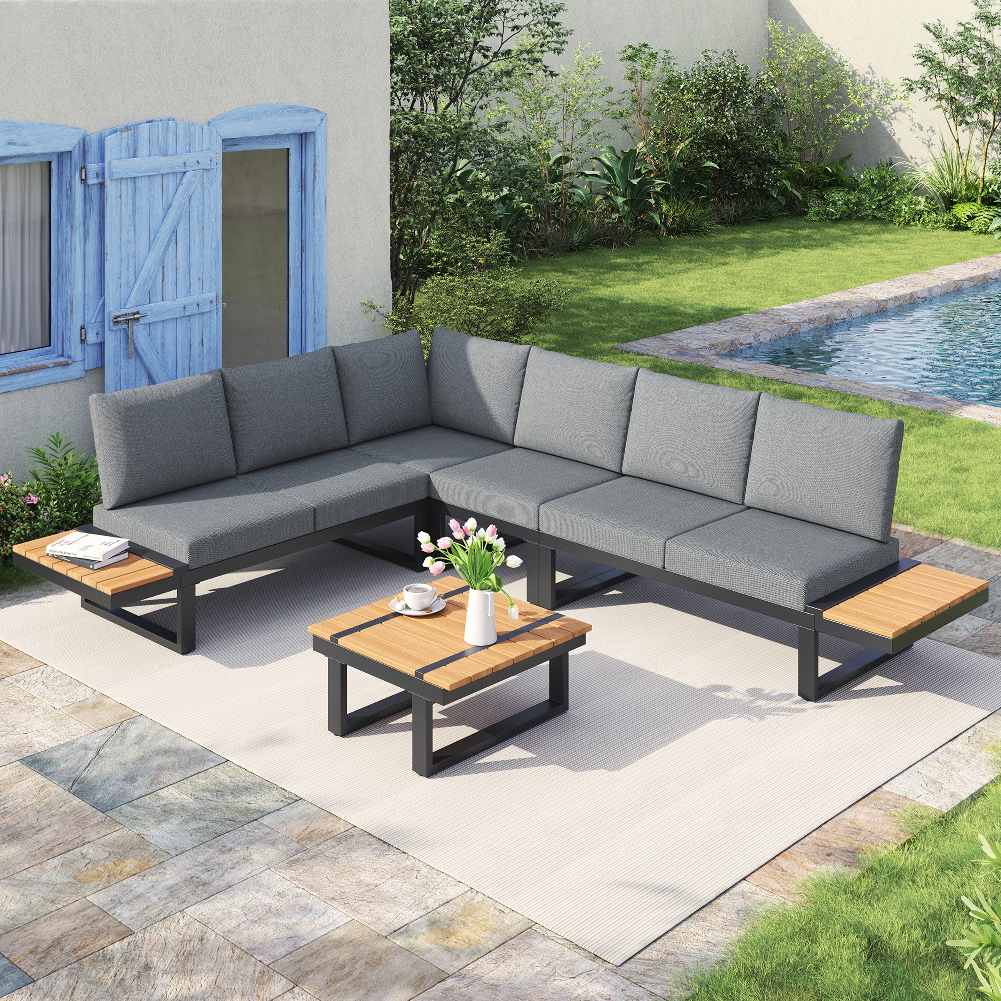 Flieks Gartenlounge-Set, 6-Sitzer Gartenmöbel mit 5-stufig-verstellbarer Neigungsfunktion