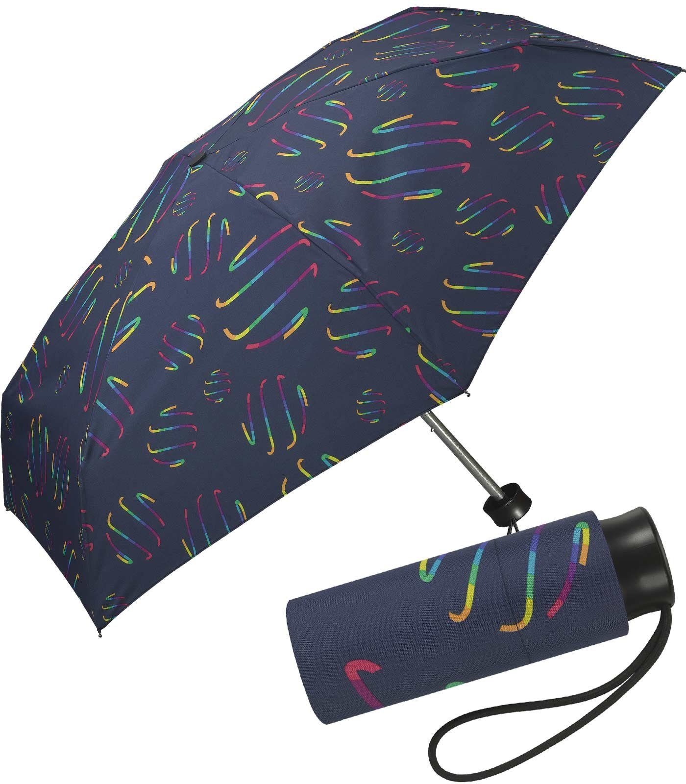 HAPPY RAIN Taschenregenschirm winziger Damen-Taschenschirm mit Handöffner, verspielte Regenbogen-Wirbel auf dunklem Grund