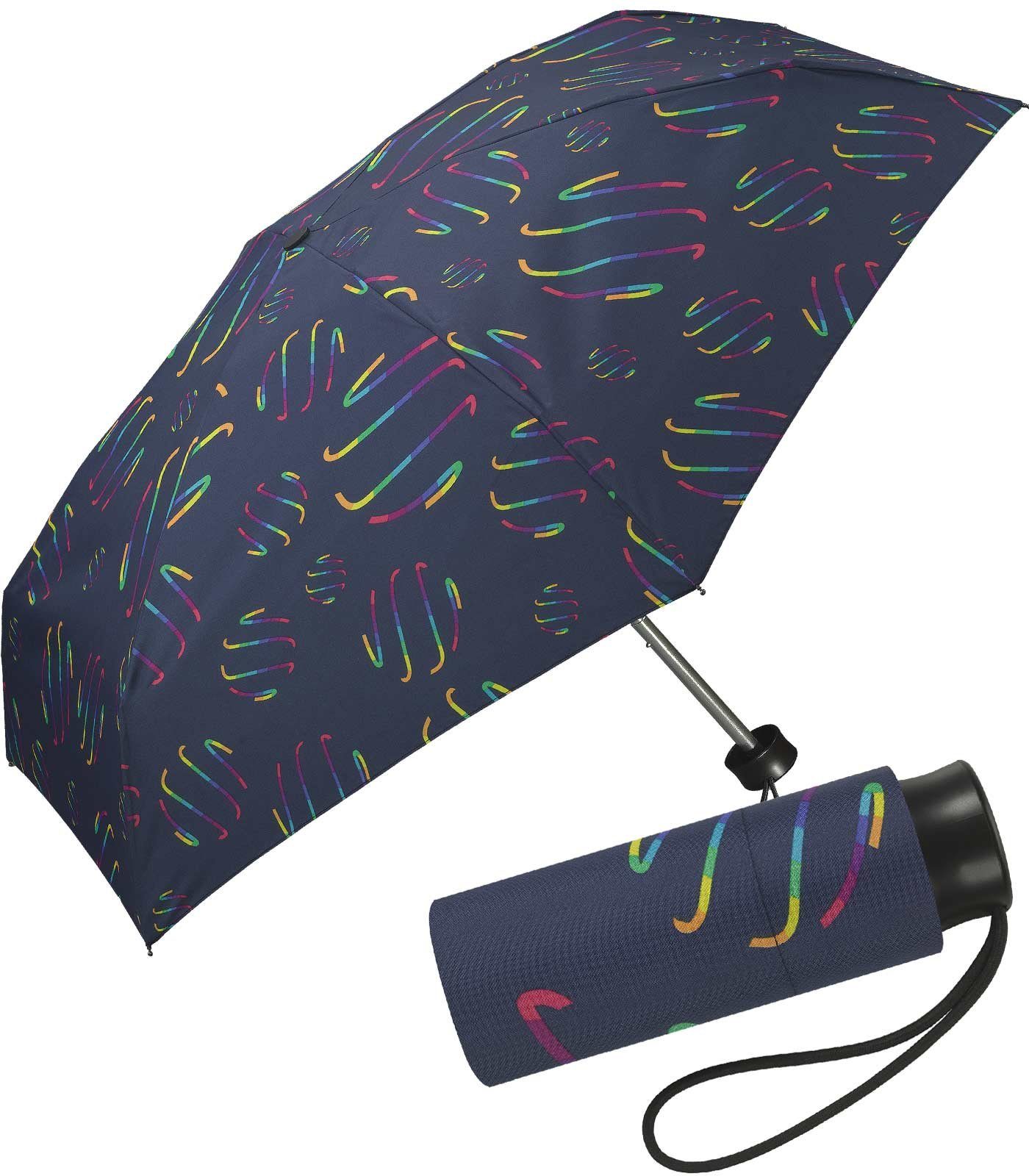 HAPPY RAIN Taschenregenschirm winziger Damen-Taschenschirm mit Handöffner,  verspielte Regenbogen-Wirbel auf dunklem Grund