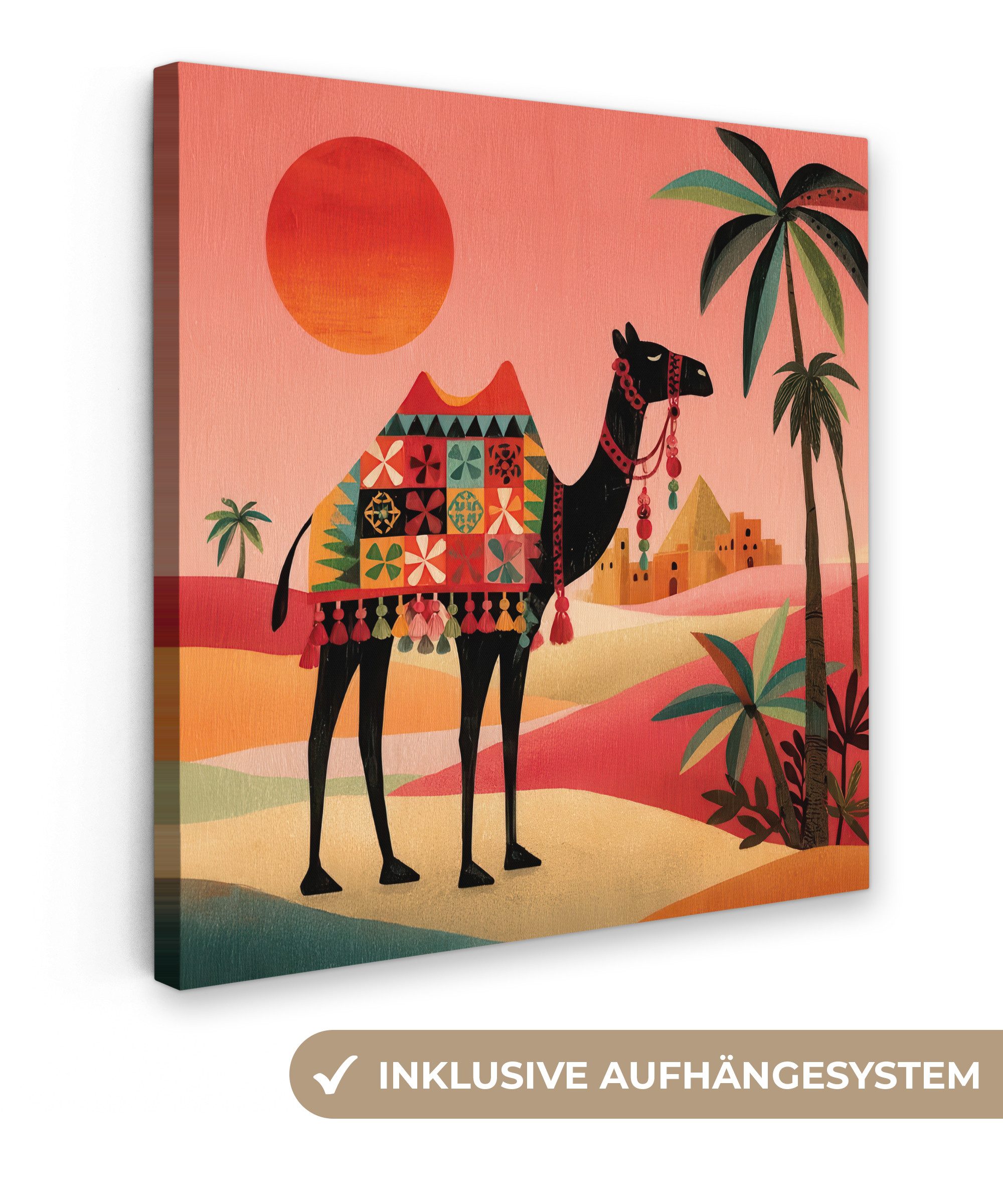 OneMillionCanvasses® Leinwandbild Kamel - Farbiger Teppich - Dünen - Rote Sonne, Fotodruck (1 St), Wandbild, Deko Schlafzimmer Wohnzimmer Flur 20x20 cm