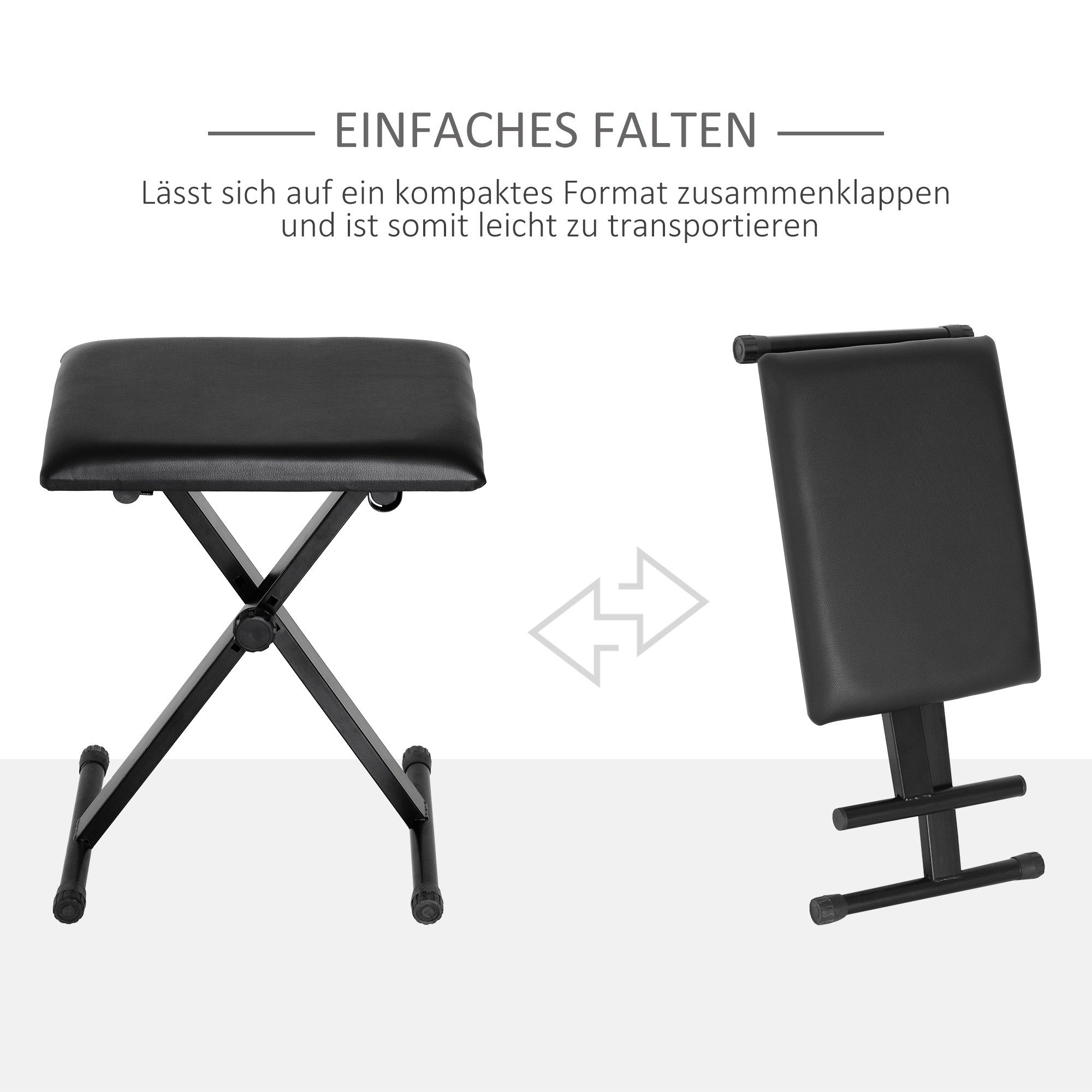 MC Star Klavierbank Klavierhocker höhenverstellbar, zusammenklappbar, Metall (Kunstleder, Schaumstoff, Schwarz, 39 x 29 x 37-47 cm)