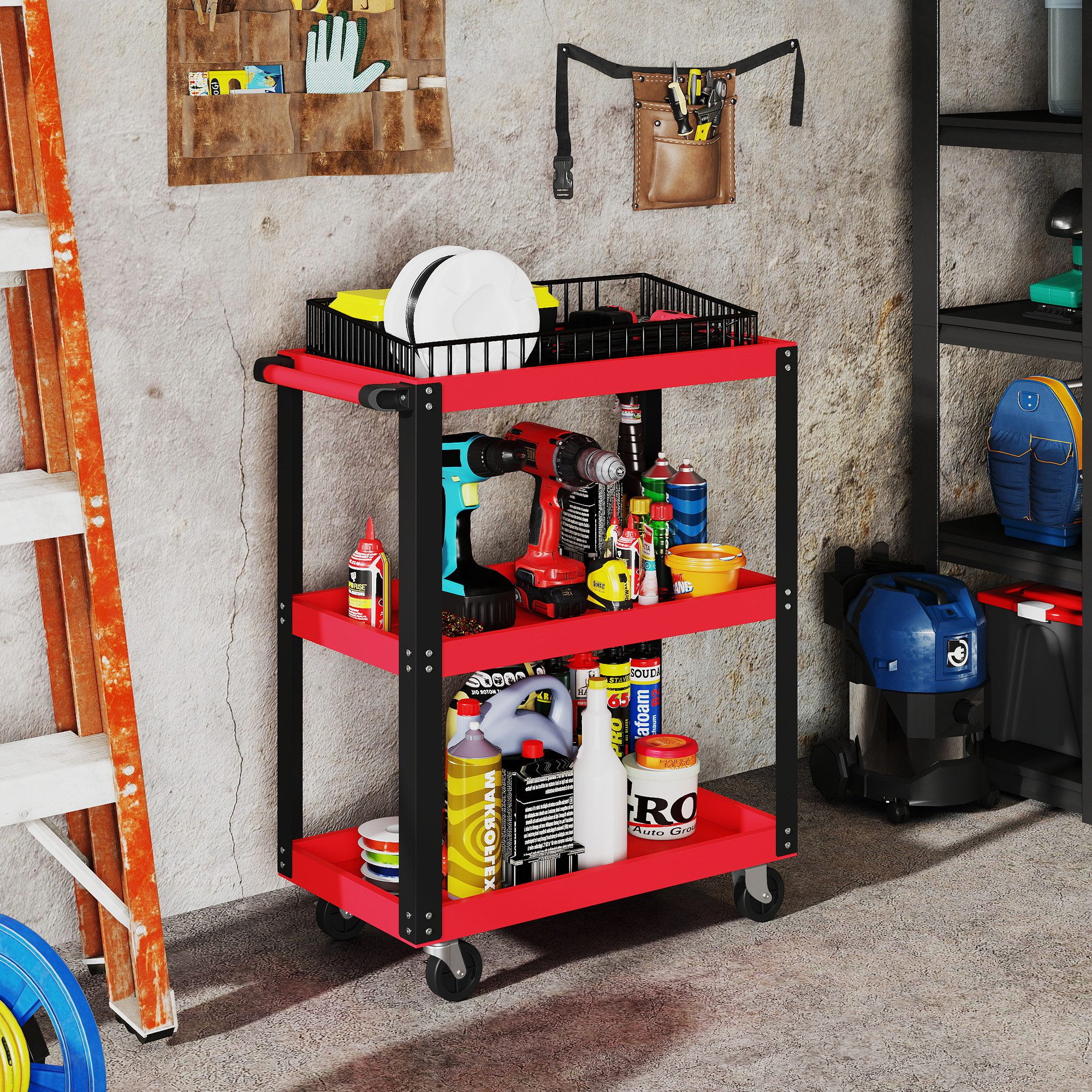 HOMCOM Werkzeugwagen mit 3 Etagen, seitlicher Griff, 4 Rollen, Ohne Vorfach günstig online kaufen