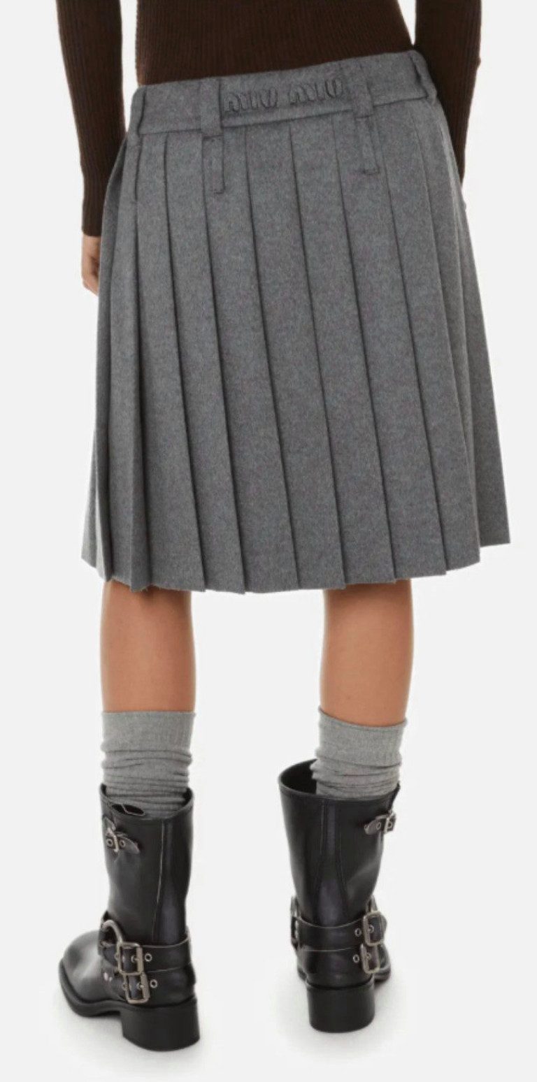 Miu Miu Midirock Faltenrock Rock Plissee Wool Cashmere Pleated Midi Knee Skirt Gürtelschlaufen-Feine Logostickerei auf der Rückseite