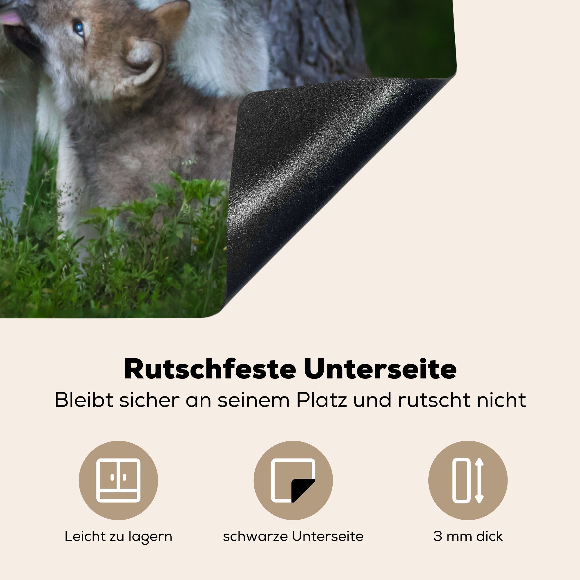 Wald Welpe, tlg), Wolf (1 - Vinyl, Herdblende-/Abdeckplatte MuchoWow cm, Induktionsmatte Moos Ceranfeldabdeckung für - die 59x52 küche, -